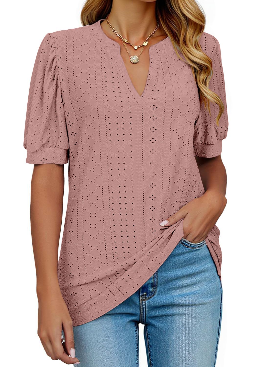 isermeo Womens Shirts Casual V Neck Tshirts Puff Short Sleeve Summer Tops Tunic Blouses S-XXL
