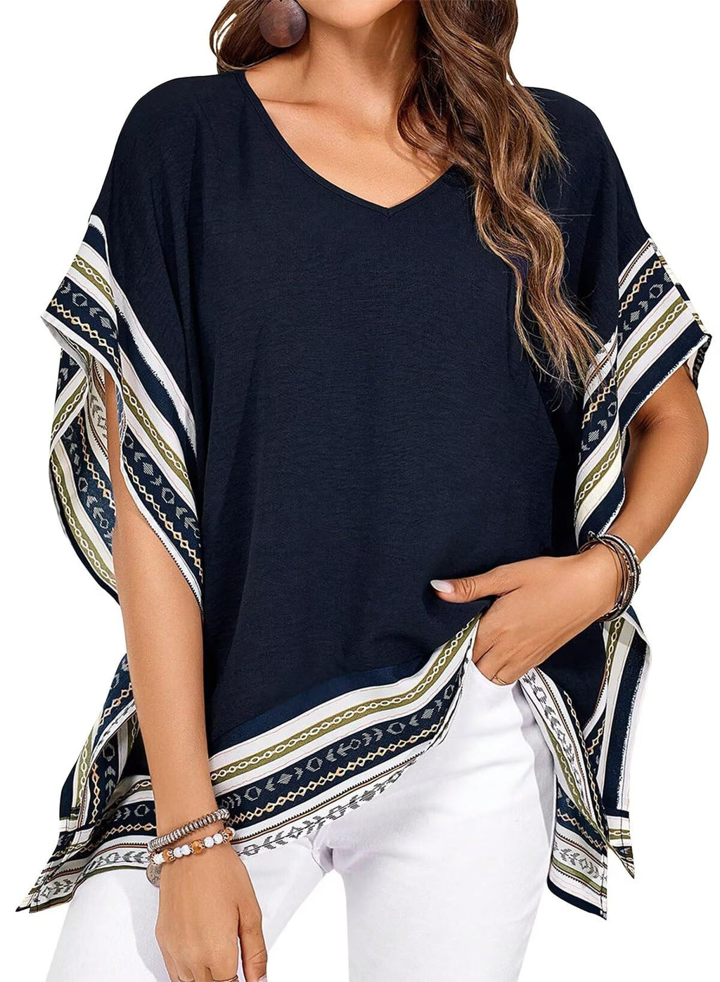 Falechay Women's Casual V Neck Floral Tops Batwing Sleeve Blouse Loose Fitting Shirts Boho Flowy Side Slit Tees