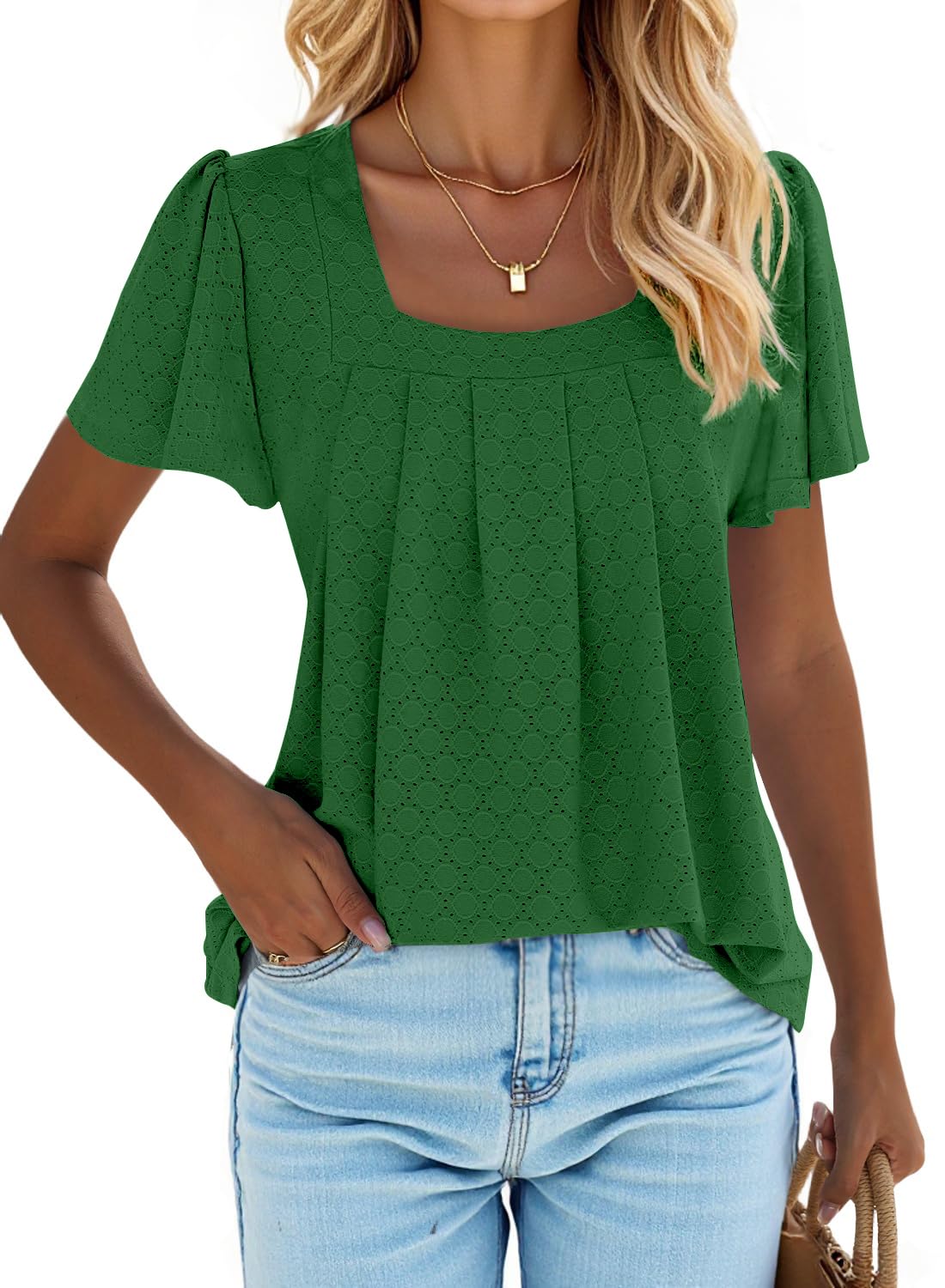 isermeo Summer Tops for Women Pleated Square Neck Ruffle Sleeve Shirts Casual Loose Flowy Curved Hem Tunic S-XXL
