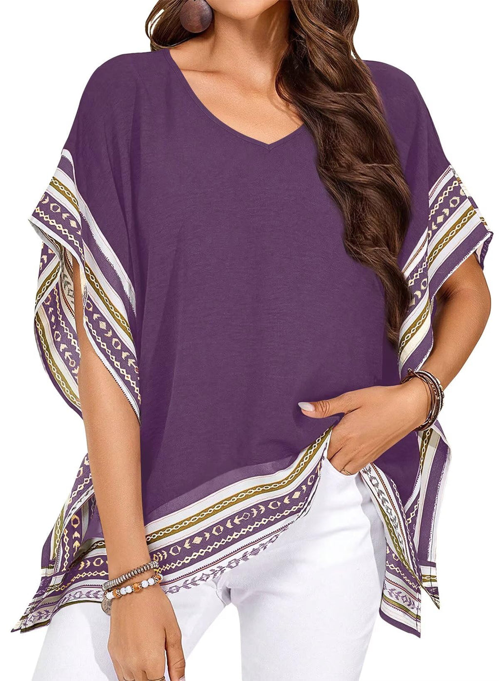 Falechay Women's Casual V Neck Floral Tops Batwing Sleeve Blouse Loose Fitting Shirts Boho Flowy Side Slit Tees