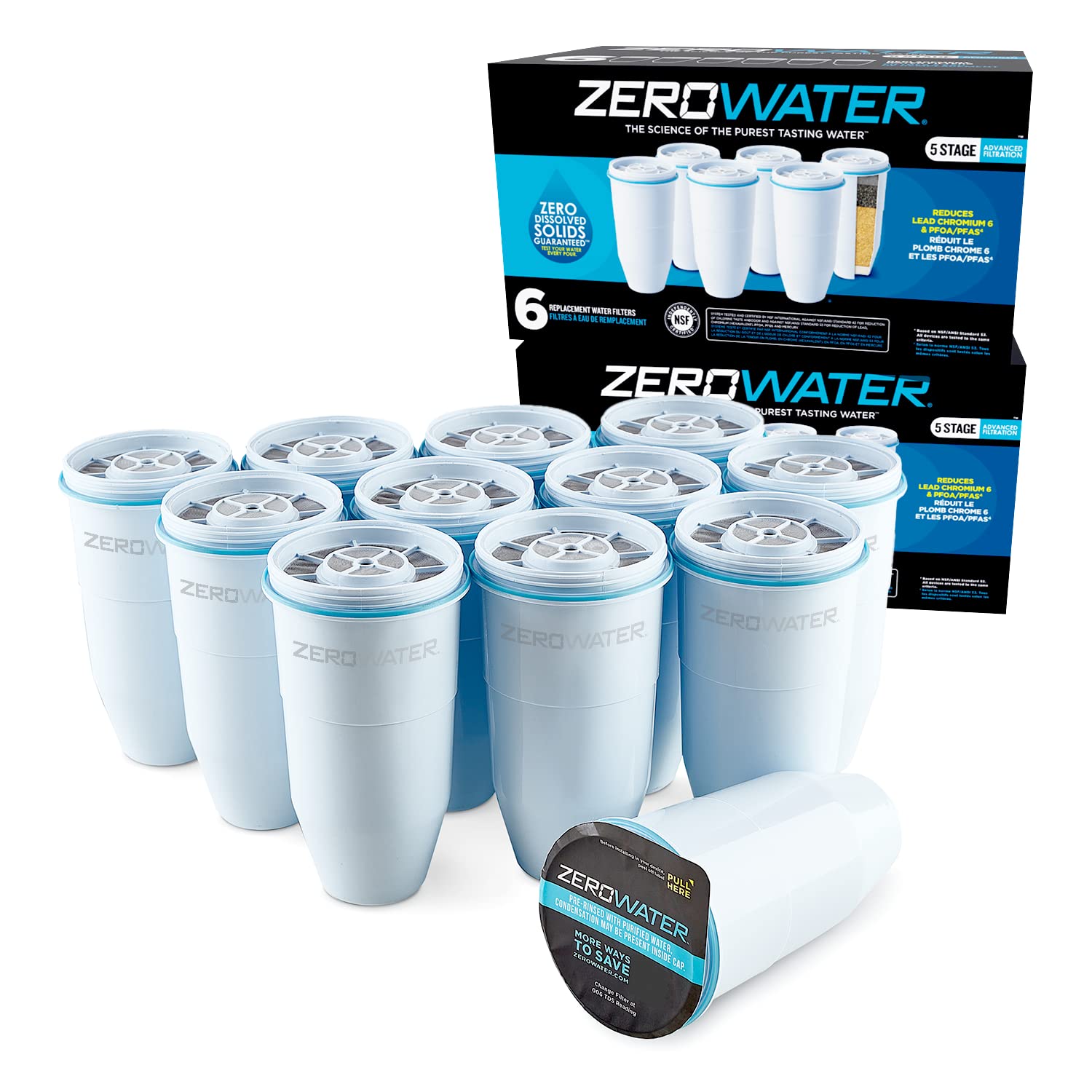 ZeroWater Official Replacement Filter - 5-Stage 0 TDS Filter Replacement - System IAPMO Certified to Reduce Lead, Chromium, and PFOA/PFOS, 2-Pack