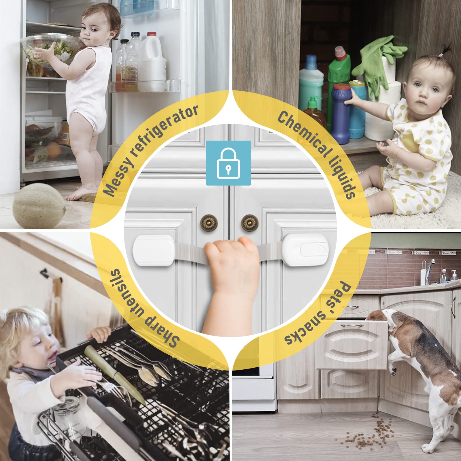 4our Kiddies Child Safety Cabinet Locks for Babies (6 Pack), Child Proof Latches for Cabinets and Drawers Doors, Baby Proofing Cabinet Strap Locks for Cupboard and Closet with 6Pcs Extra 3M Adhesives