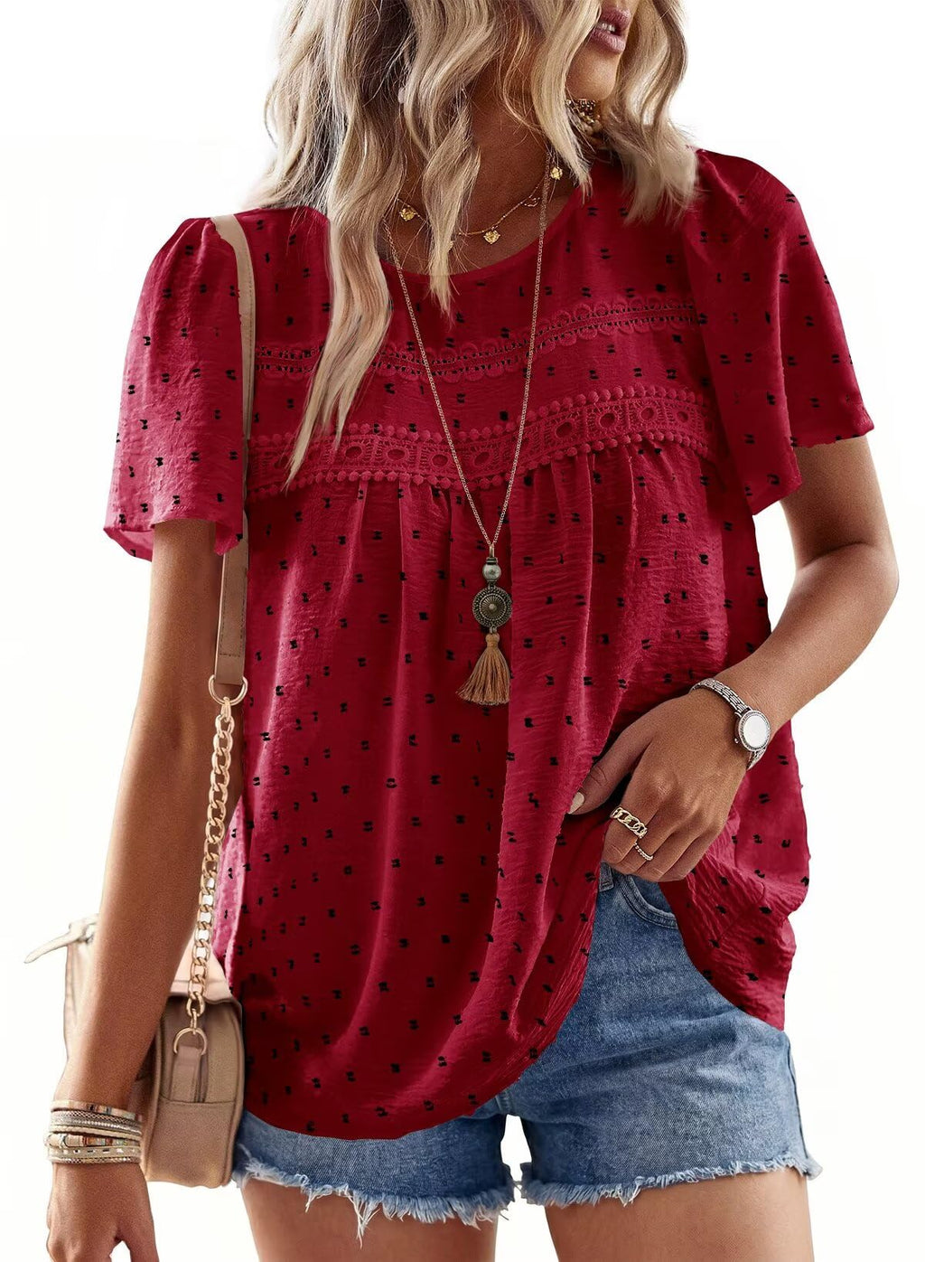 Falechay Womens Summer Tops Crewneck Short Sleeve Shirts Casual Chiffon Blouses Flowy Lace Hem Boho Clothing Trendy 2026