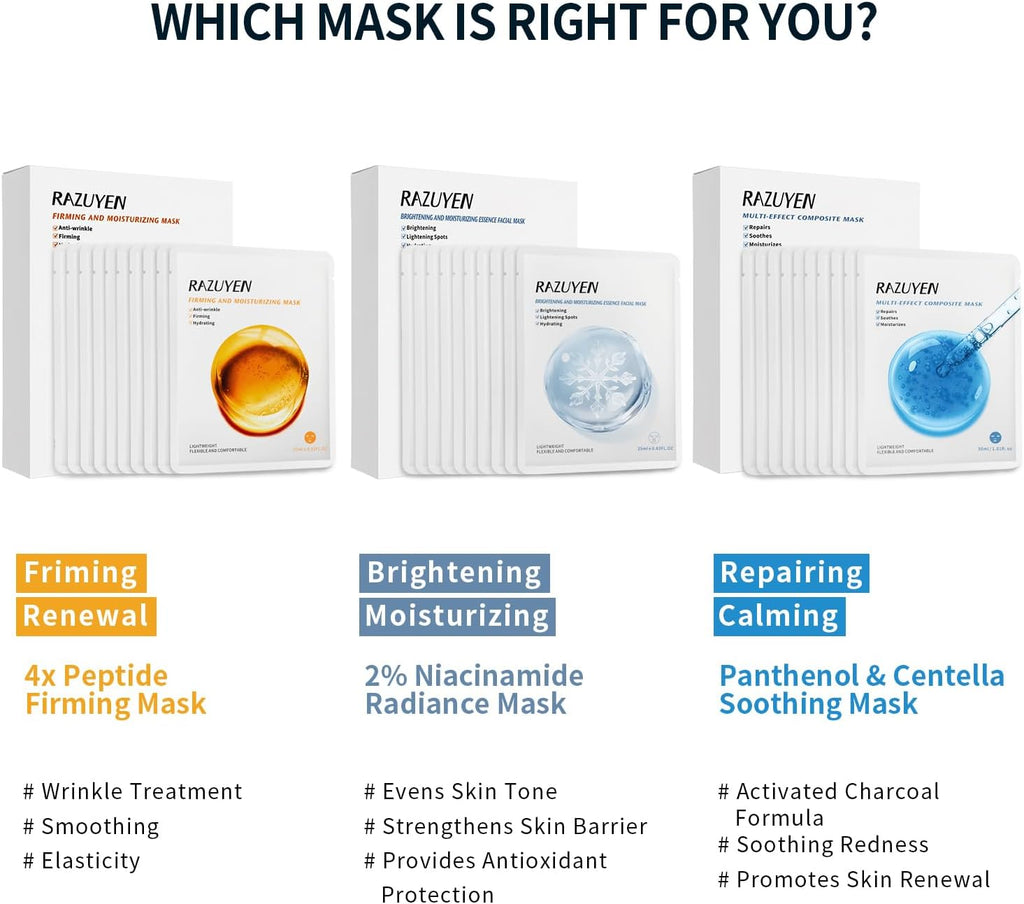 Boîtes de masques en tissu pour le visage, variantes raffermissant, éclaircissant, apaisant