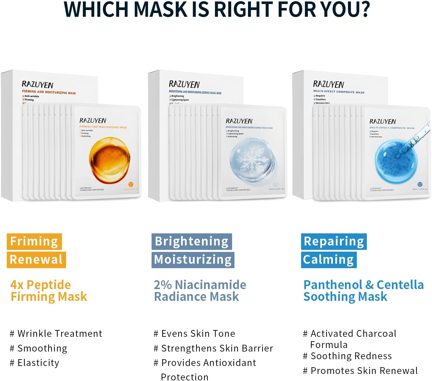 Boîtes de masques en tissu pour le visage, variantes raffermissant, éclaircissant, apaisant