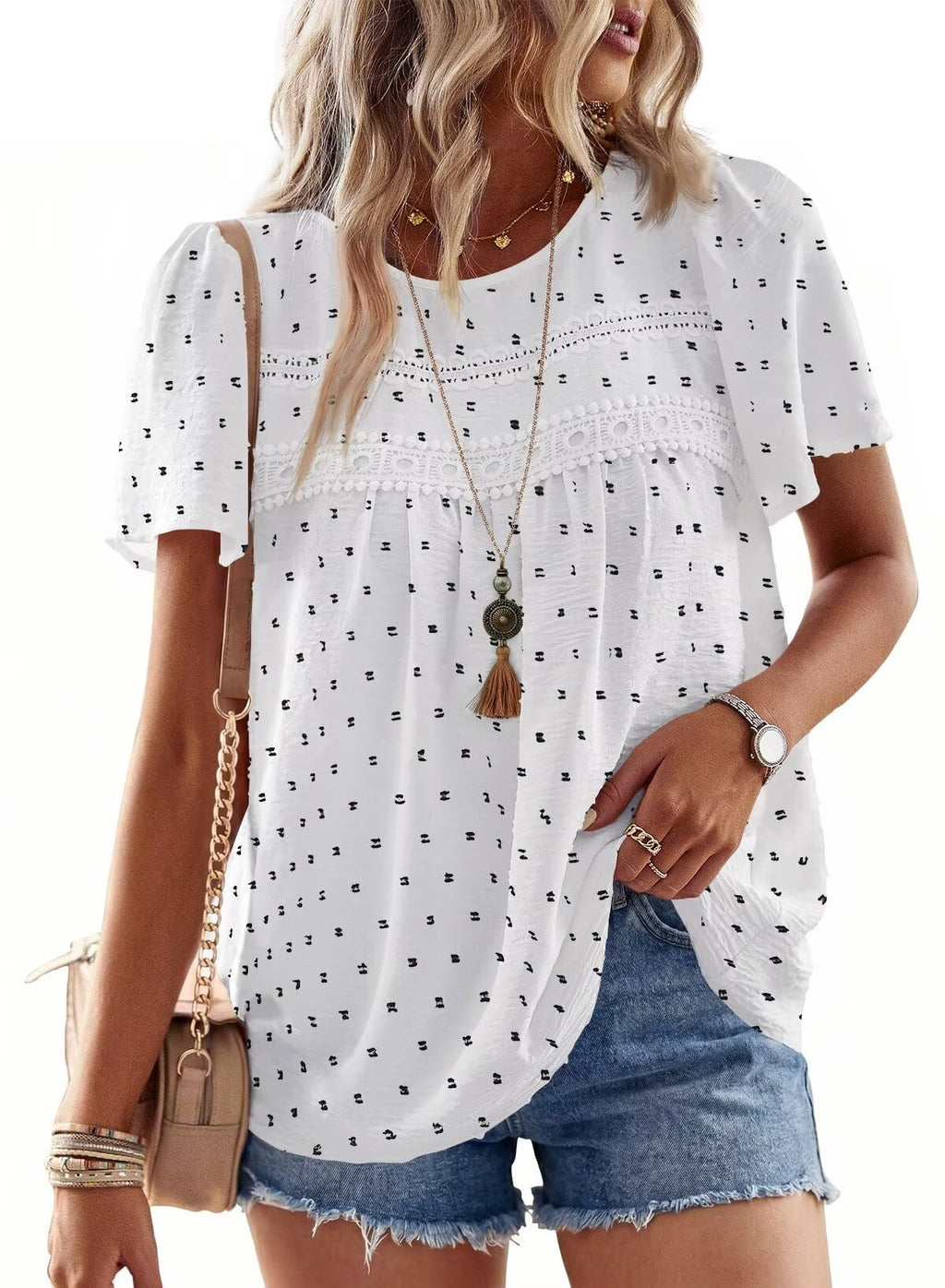 Falechay Womens Summer Tops Crewneck Short Sleeve Shirts Casual Chiffon Blouses Flowy Lace Hem Boho Clothing Trendy 2026