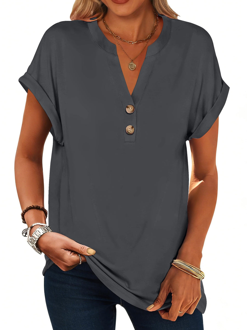 isermeo Womens Short Sleeve Henley Tops V Neck Dressy Casual Blouses Summer Tee Shirts 2026 Trendy Button Clothes S-XXL