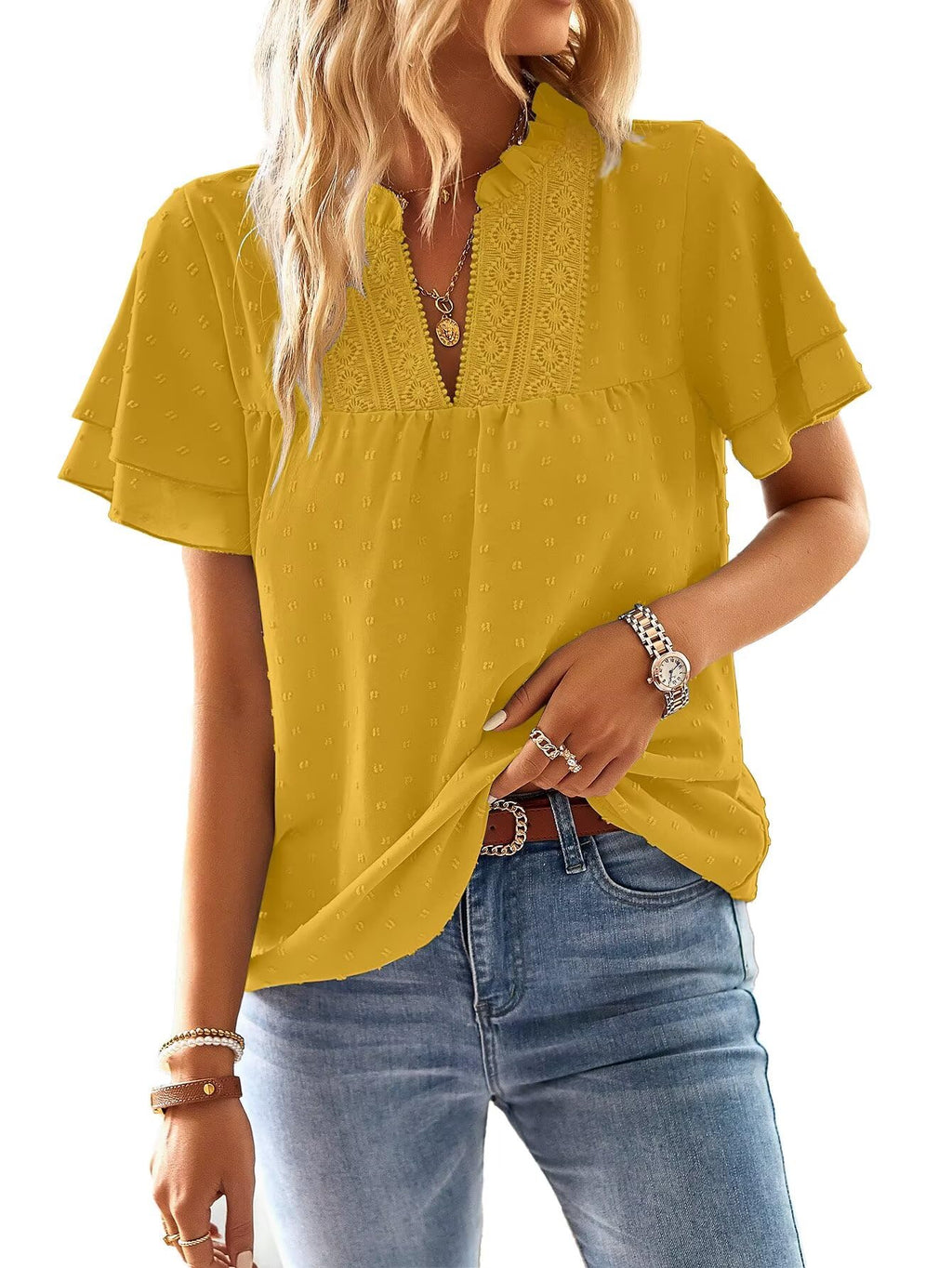 Falechay Womens Tops Butterfly Sleeve V Neck Blouses for Women Dressy Casual Flowy Swiss Dot Ruffle Short Sleeve Shirts