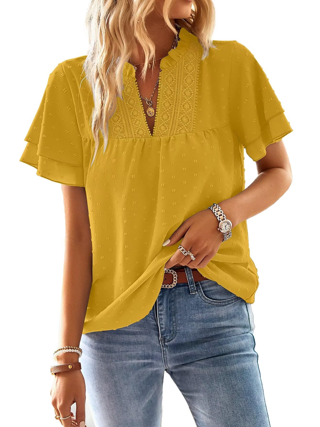 Falechay Womens Tops Butterfly Sleeve V Neck Blouses for Women Dressy Casual Flowy Swiss Dot Ruffle Short Sleeve Shirts