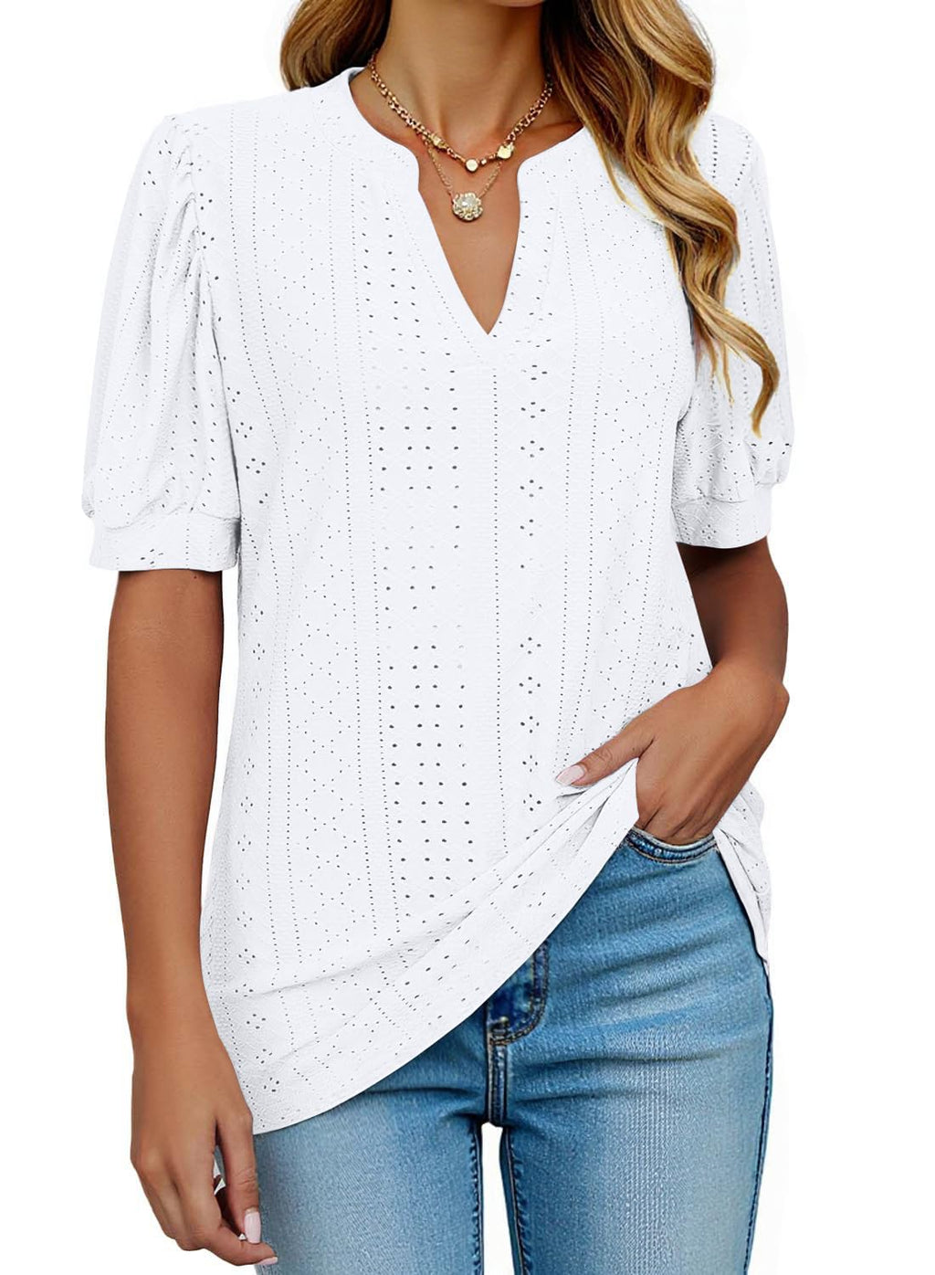 isermeo Womens Shirts Casual V Neck Tshirts Puff Short Sleeve Summer Tops Tunic Blouses S-XXL