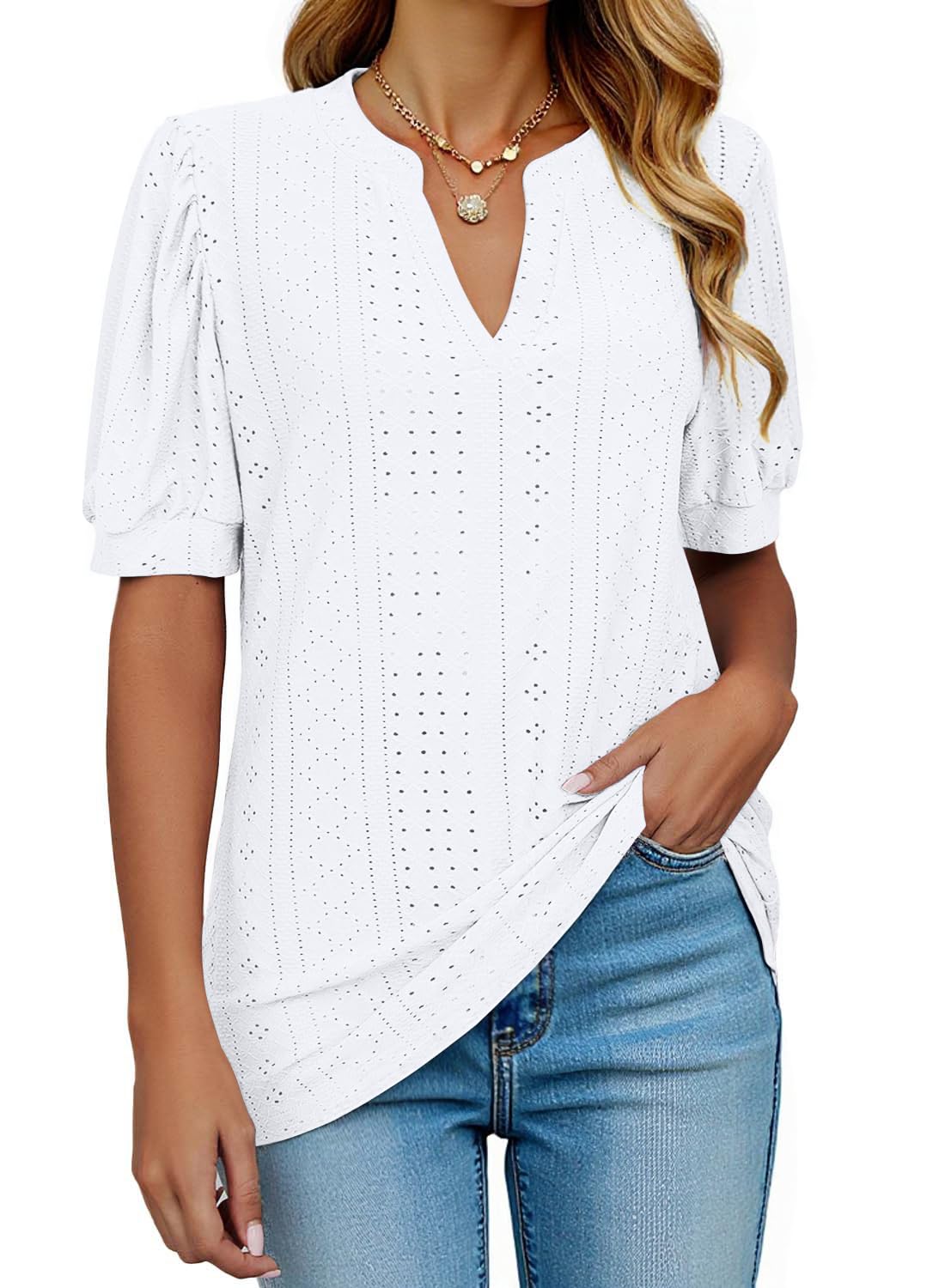 isermeo Womens Shirts Casual V Neck Tshirts Puff Short Sleeve Summer Tops Tunic Blouses S-XXL