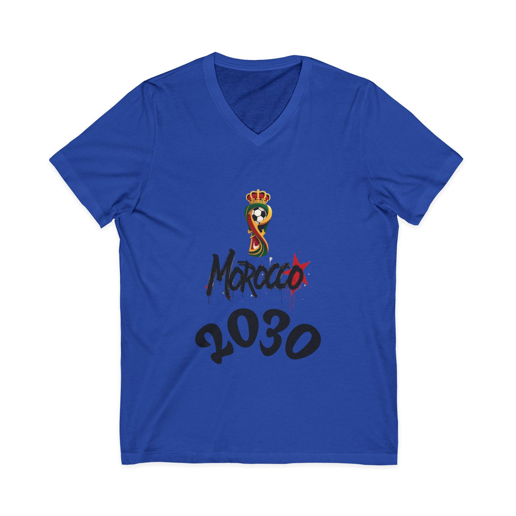 Morocco 2030 V-Neck Tee, Trendy Graphic Shirt, Unisex Fashion, Casual Wear, Gift for Soccer Fans, World Cup Apparel