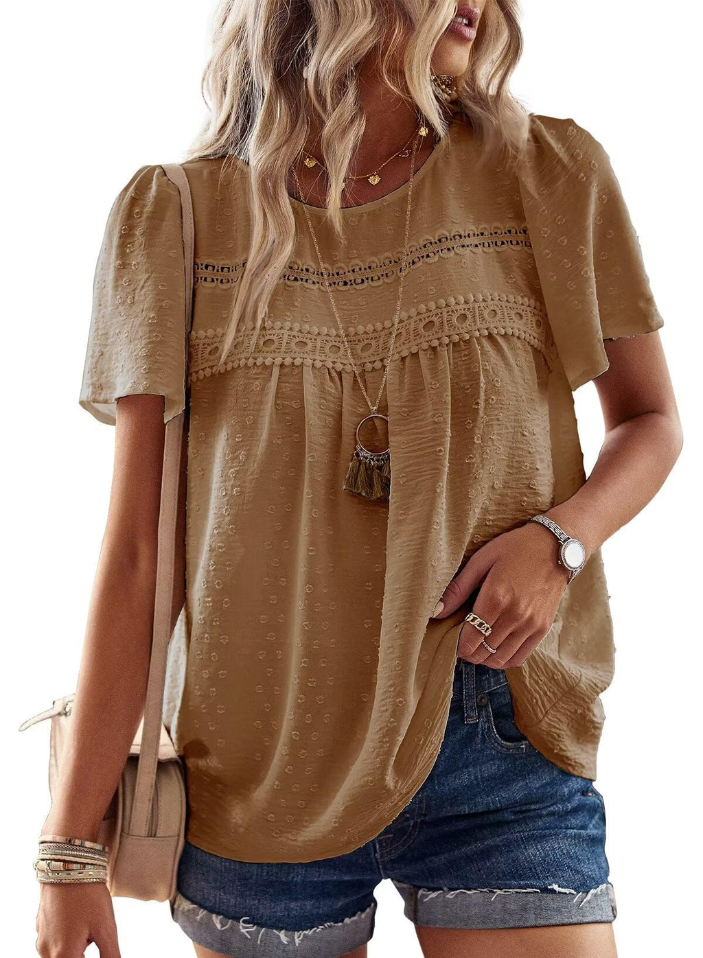 Falechay Womens Summer Tops Crewneck Short Sleeve Shirts Casual Chiffon Blouses Flowy Lace Hem Boho Clothing Trendy 2026