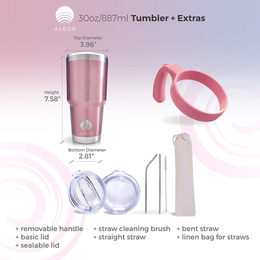 ALBOR Coffee Travel Mug with Handle 30oz/900ml - Stainless Steel Travel Coffee Mug - Insulated Tumbler with Straw and Lid - Tasse a Cafe Isotherme - Insulated Coffee Mug Travel - Rose Gold