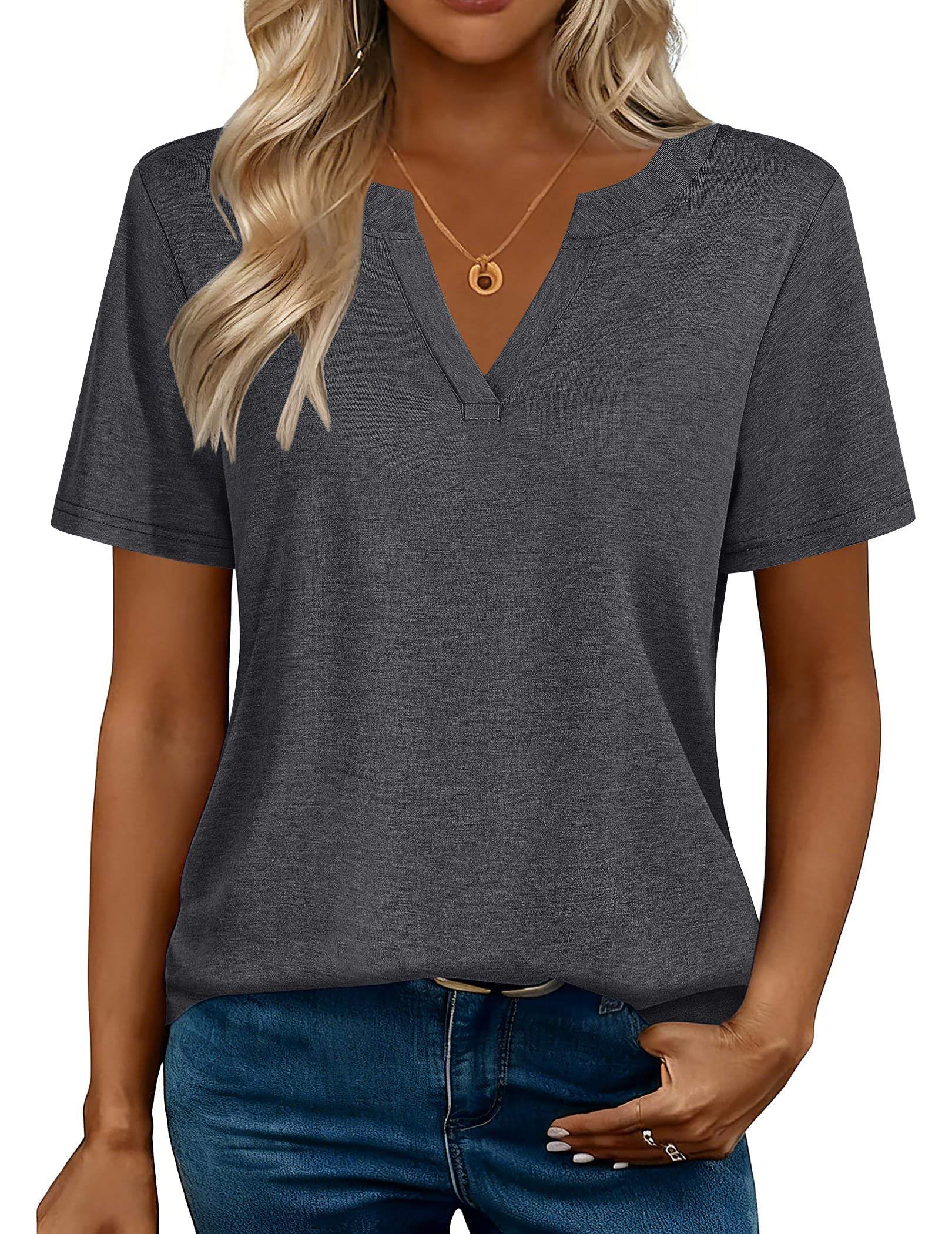 isermeo Womens Tops Short Sleeve V Neck Tee Shirts Cute Dressy Casual Summer Clothing Business Work Blouse S-XXL