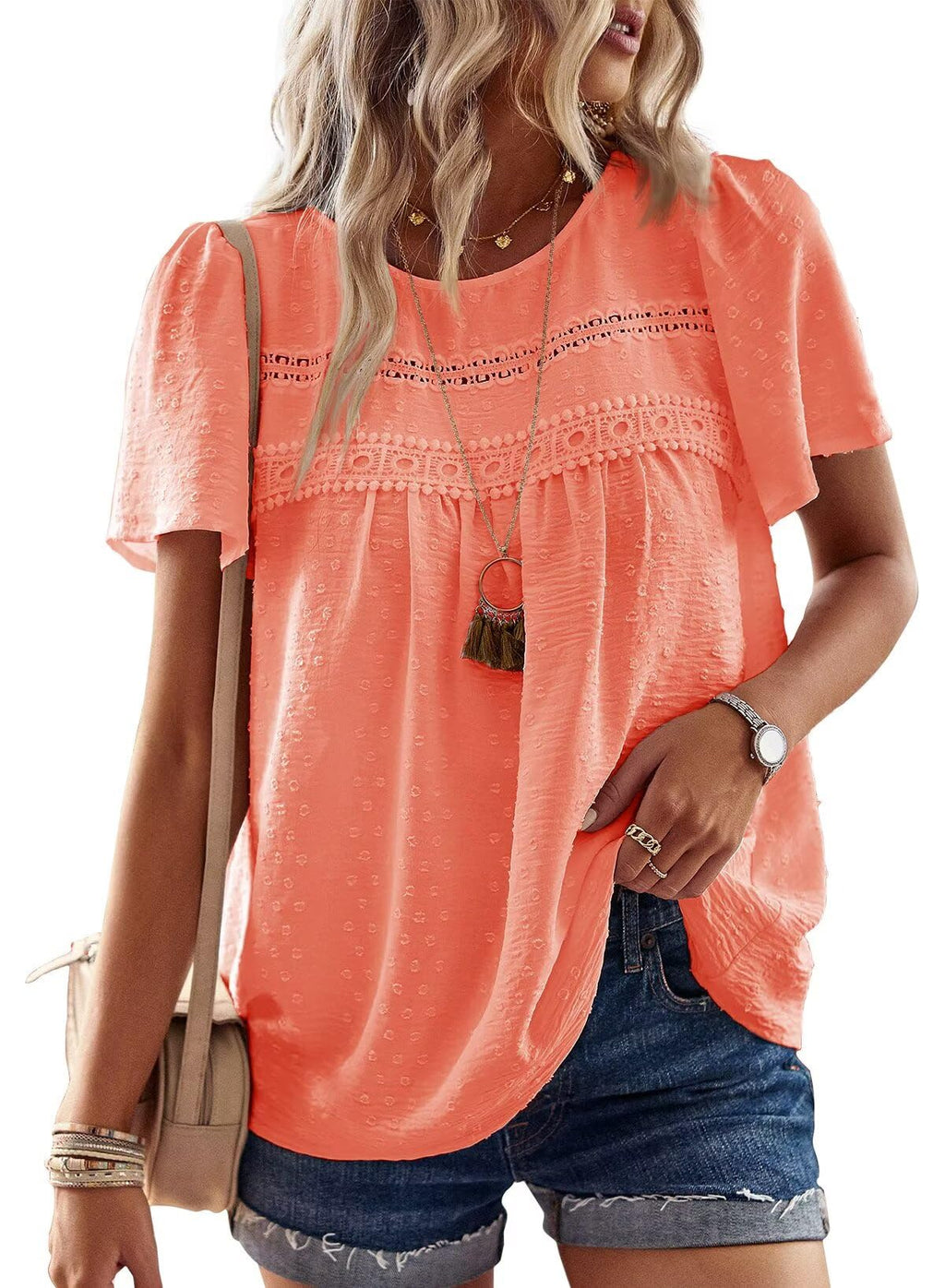 Falechay Womens Summer Tops Crewneck Short Sleeve Shirts Casual Chiffon Blouses Flowy Lace Hem Boho Clothing Trendy 2026
