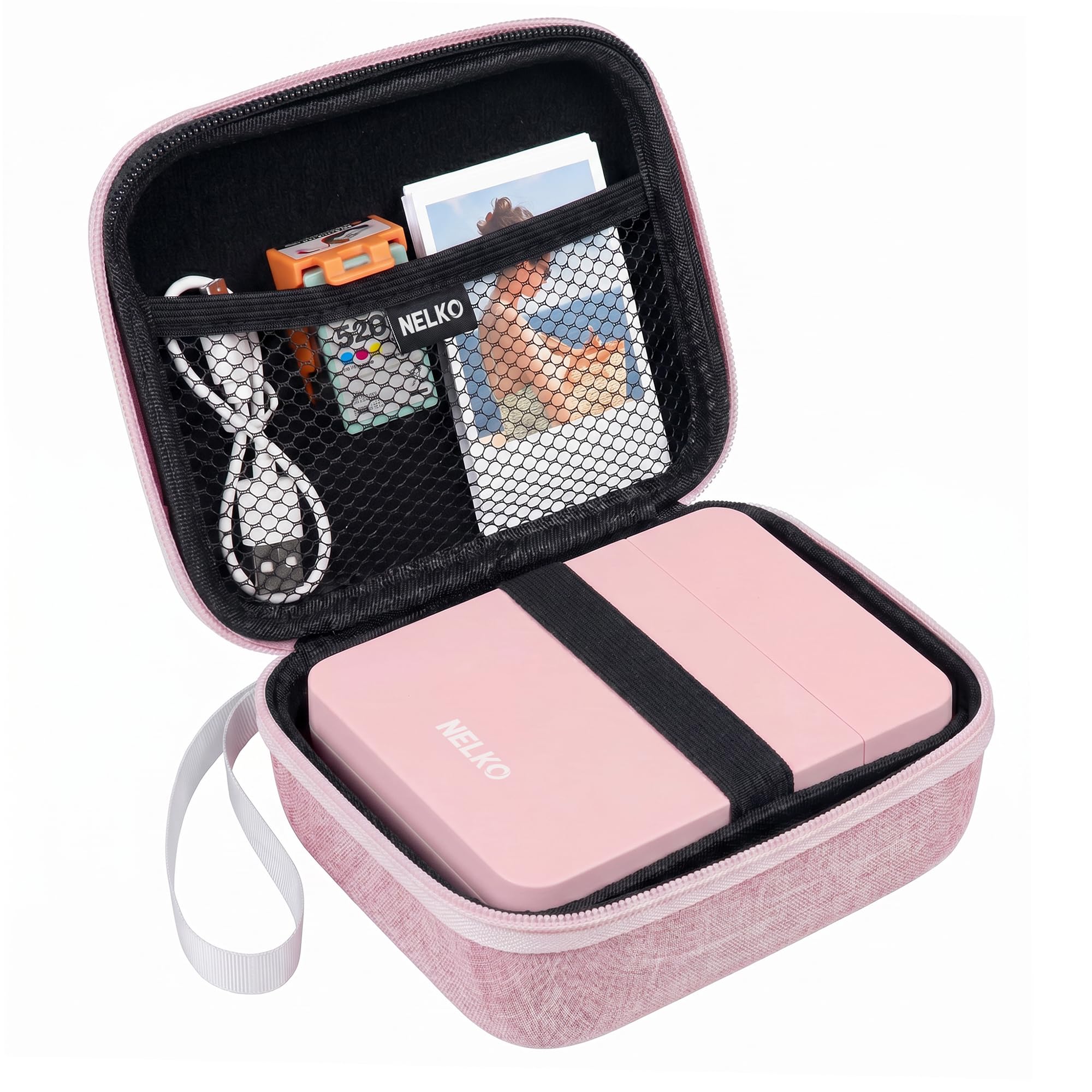 Étui de rangement gris chiné avec intérieur noir, zippé, bordure rose et poche en mesh