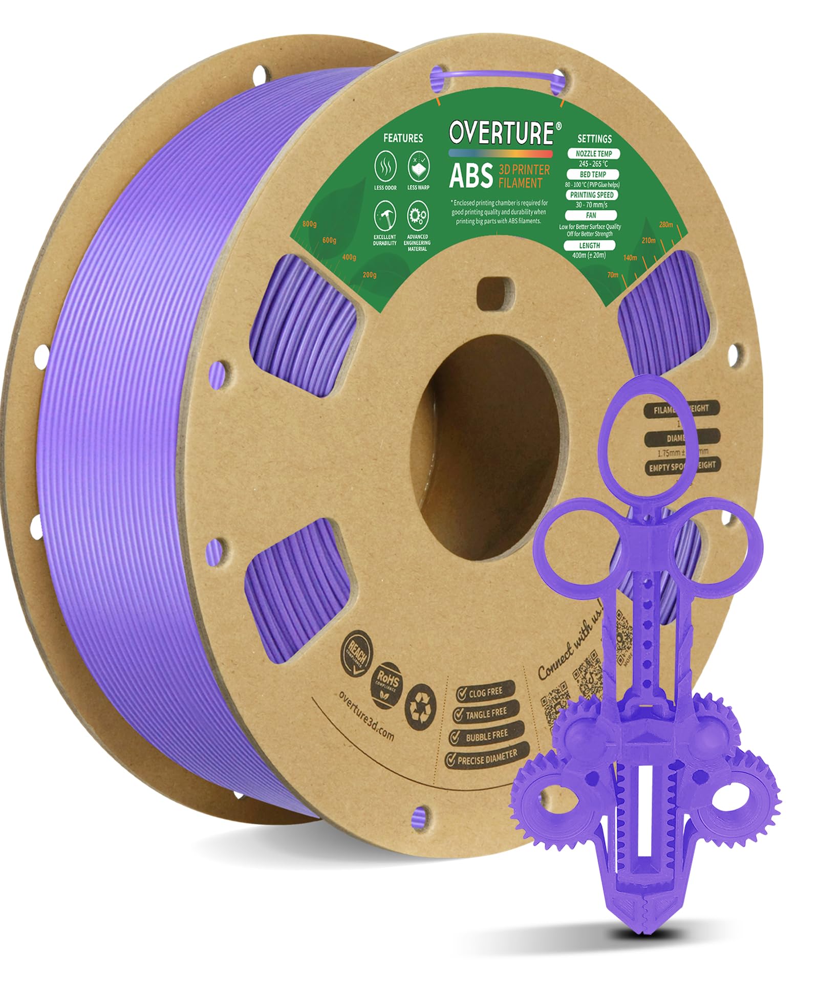 Bobine de filament ABS Overture violet avec pièce d’extrudeuse violette