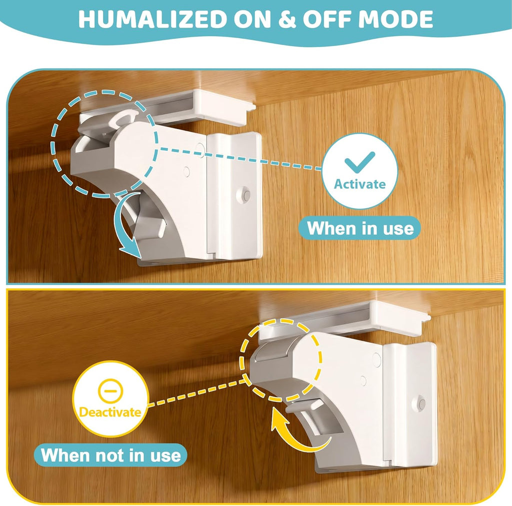 Magnetic Cabinet Locks 4 Locks + 1 Key, Baby Proofing Child Safety Locks for Cabinets and Drawers, Invisible No Drill Adhesive Design with Easy Installation Template & Screws, Starter Kit