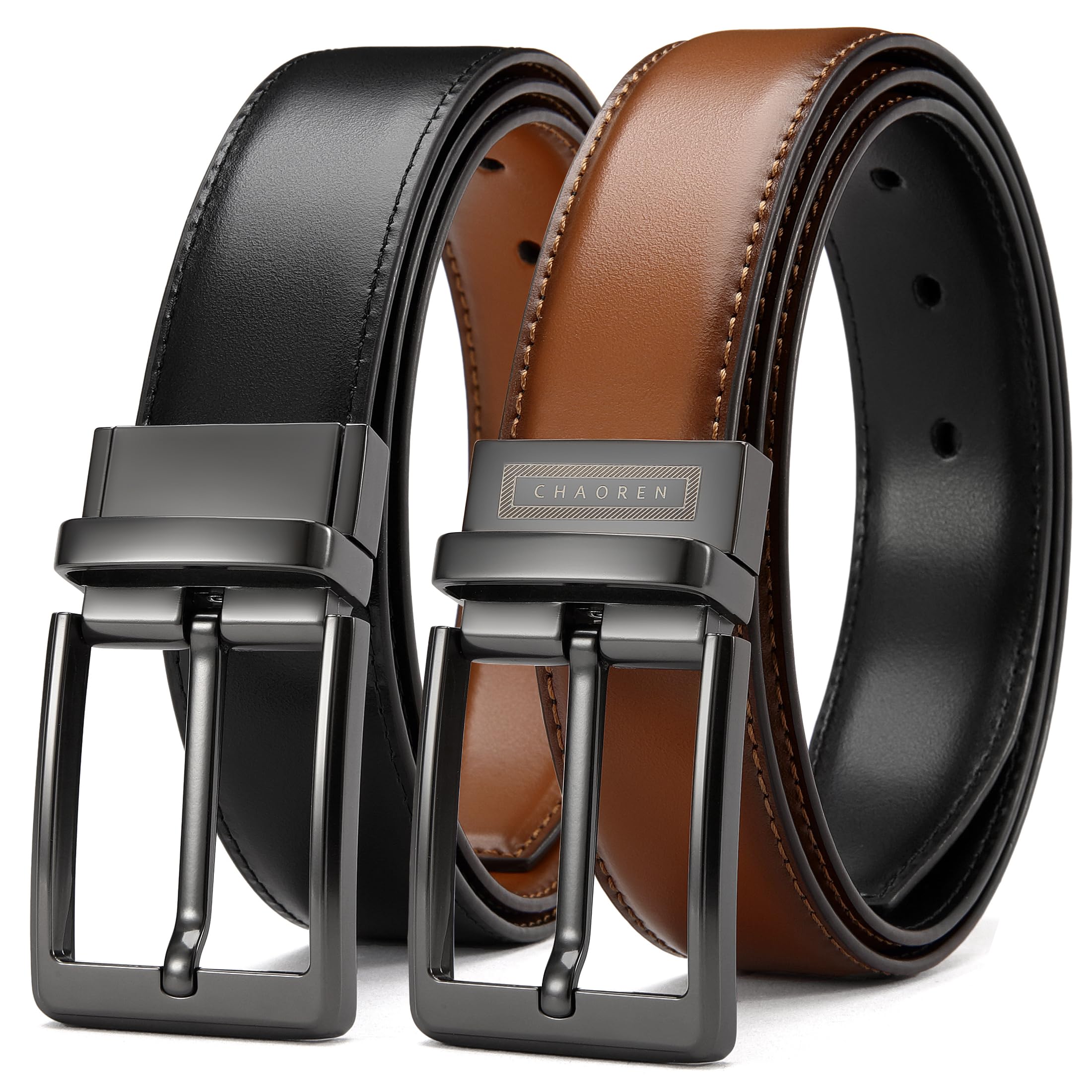 CHAOREN Reversible Mens Belt 1 Piece - 1 3/8" Mens Belts Leather for Casual Jeans Dress - One Belt, Two Colors