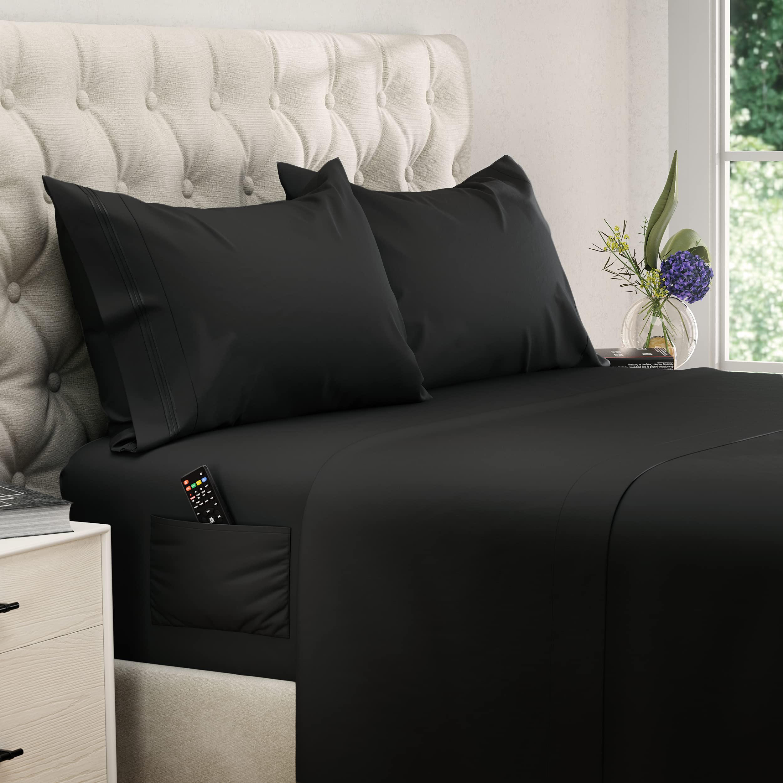 DREAMCARE Bedding Sets Queen - 4 Piece Queen Bed Sheets - Deep Pocket up to 15 in - Draps Lit Queen - Luxury Hotel Sheets & Pillowcases Set - Shrink & Fade Resistant (Queen, Black)