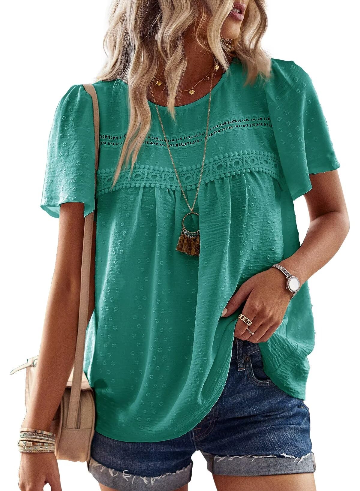 Falechay Womens Summer Tops Crewneck Short Sleeve Shirts Casual Chiffon Blouses Flowy Lace Hem Boho Clothing Trendy 2026