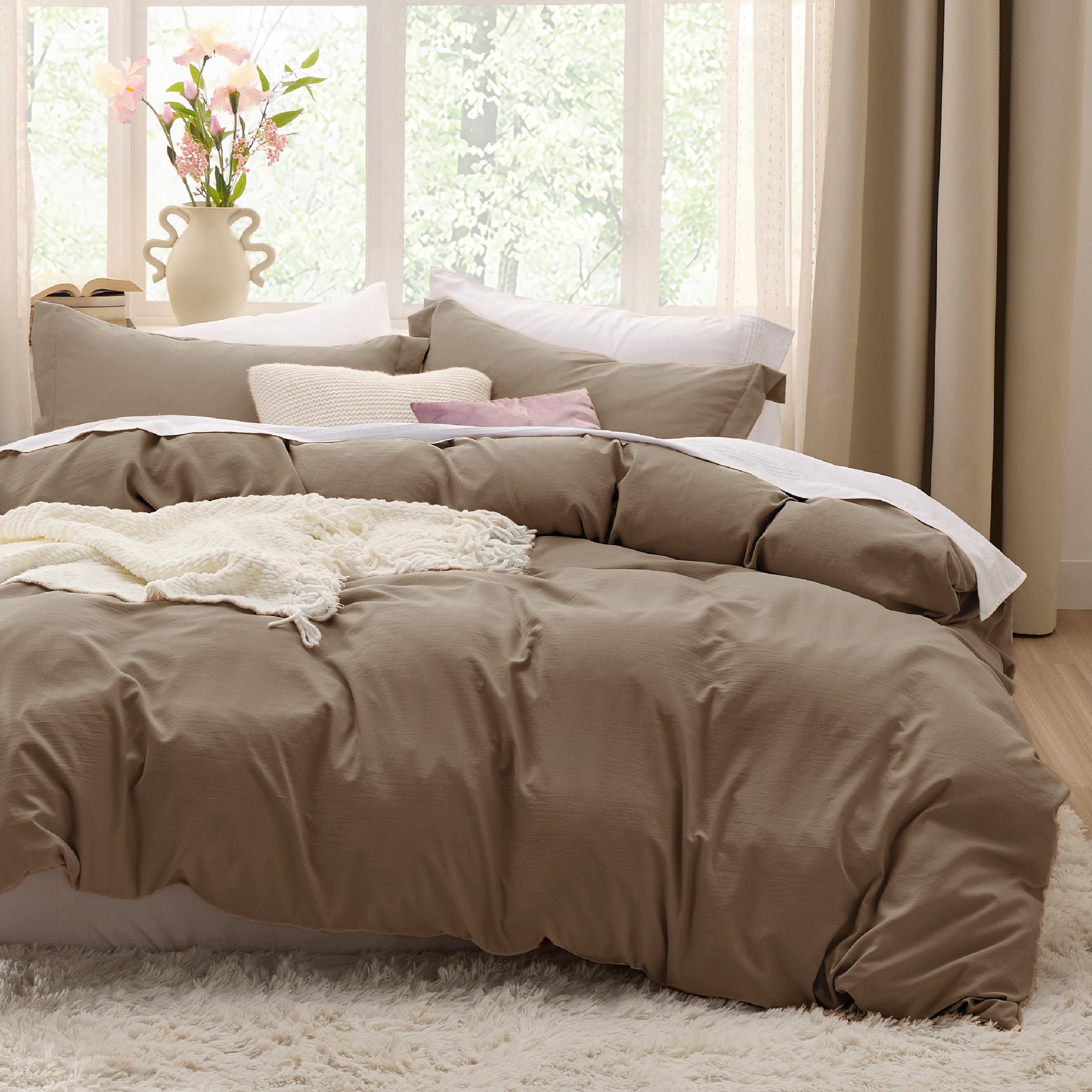 Bedsure Duvet Cover Queen Size - 3 Pieces Prewashed Cotton-Like Extra Soft Bedding Set, Includes 1 Duvet Cover 90x90 Inches with Zipper Closure & 2 Pillow Shams, Linen, Comforter Not Included