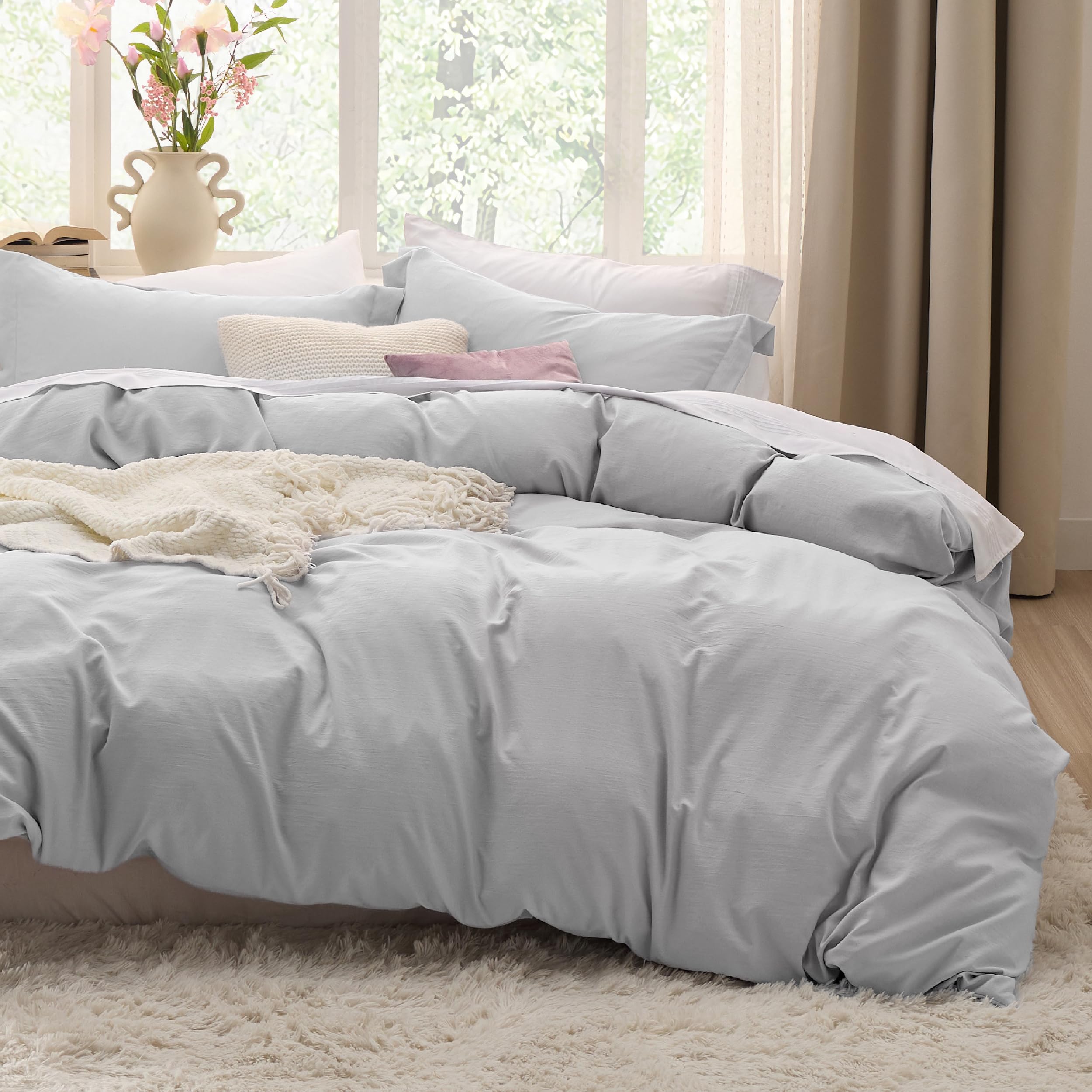 Bedsure Duvet Cover Queen Size - 3 Pieces Prewashed Cotton-Like Extra Soft Bedding Set, Includes 1 Duvet Cover 90x90 Inches with Zipper Closure & 2 Pillow Shams, Linen, Comforter Not Included