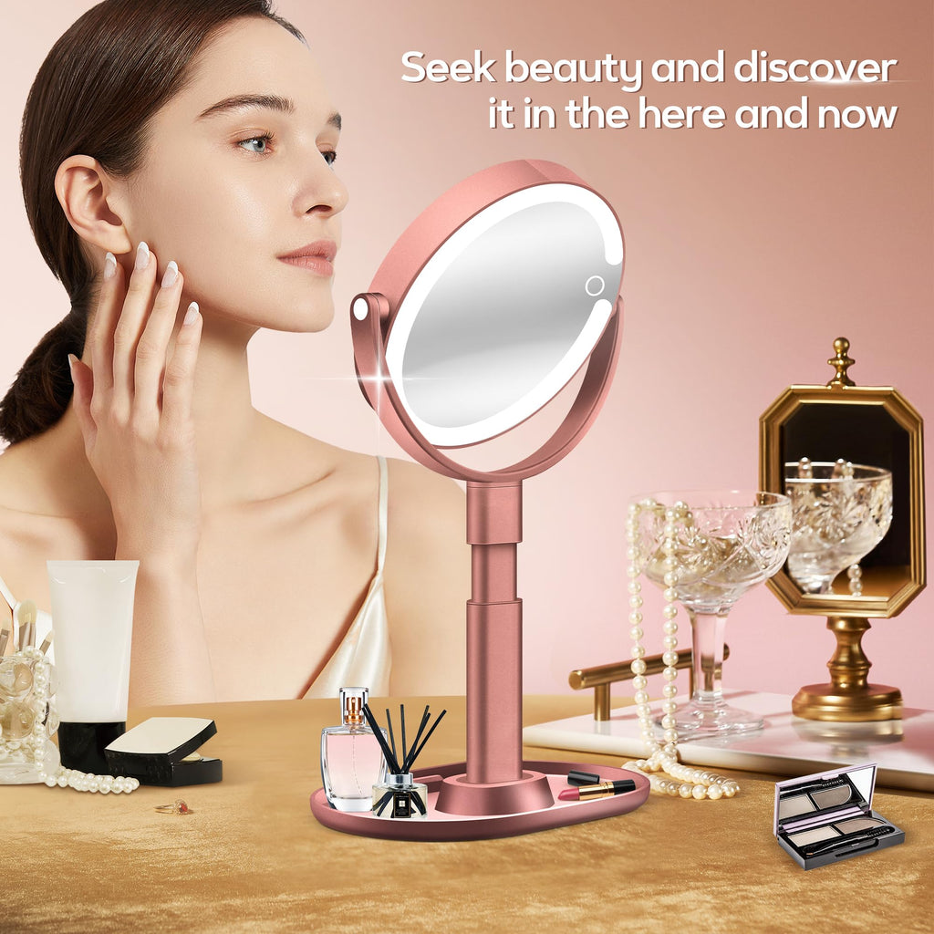 Miroir de salle de bain sur pied double face, éclairage LED, fini rose doré.