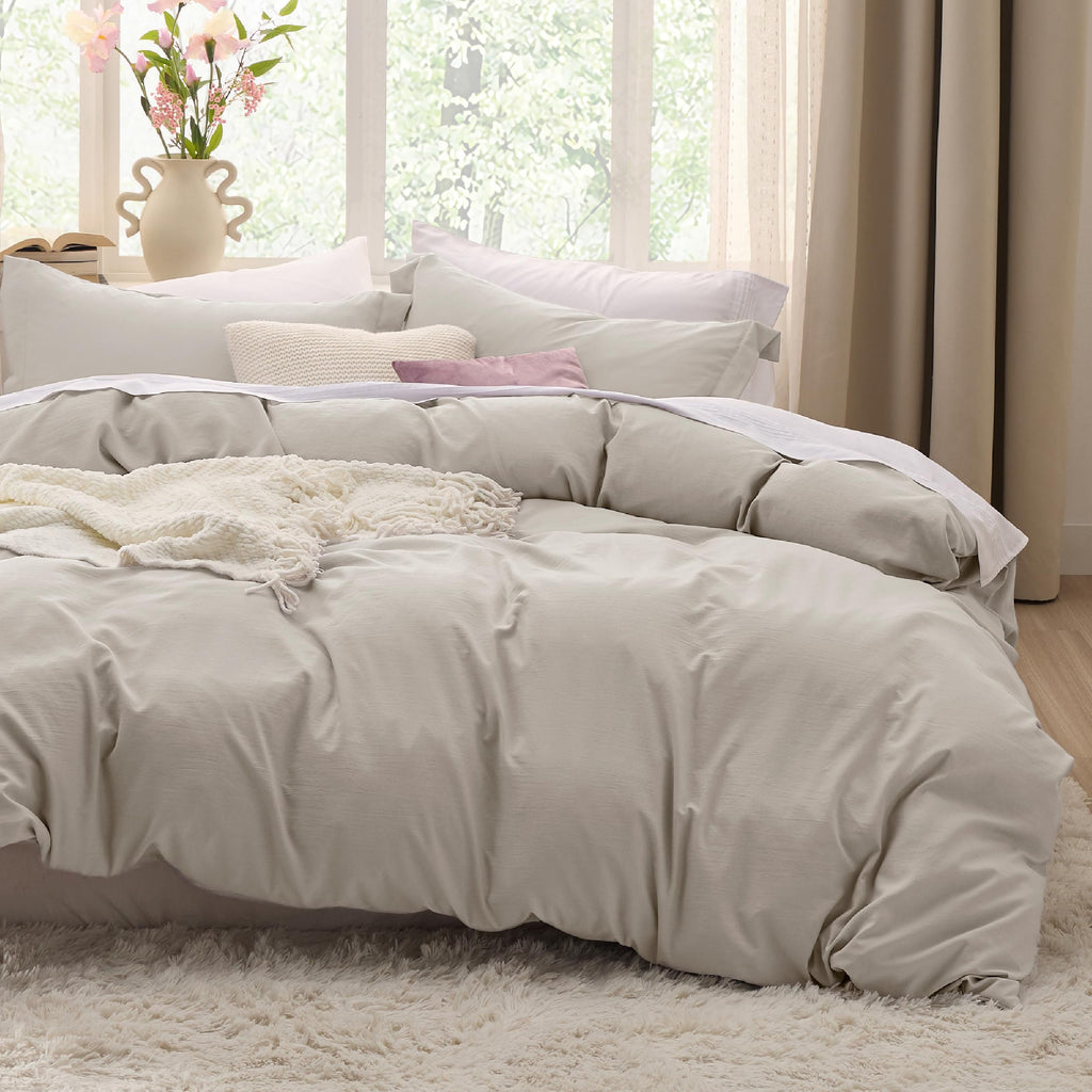 Bedsure Duvet Cover Queen Size - 3 Pieces Prewashed Cotton-Like Extra Soft Bedding Set, Includes 1 Duvet Cover 90x90 Inches with Zipper Closure & 2 Pillow Shams, Linen, Comforter Not Included