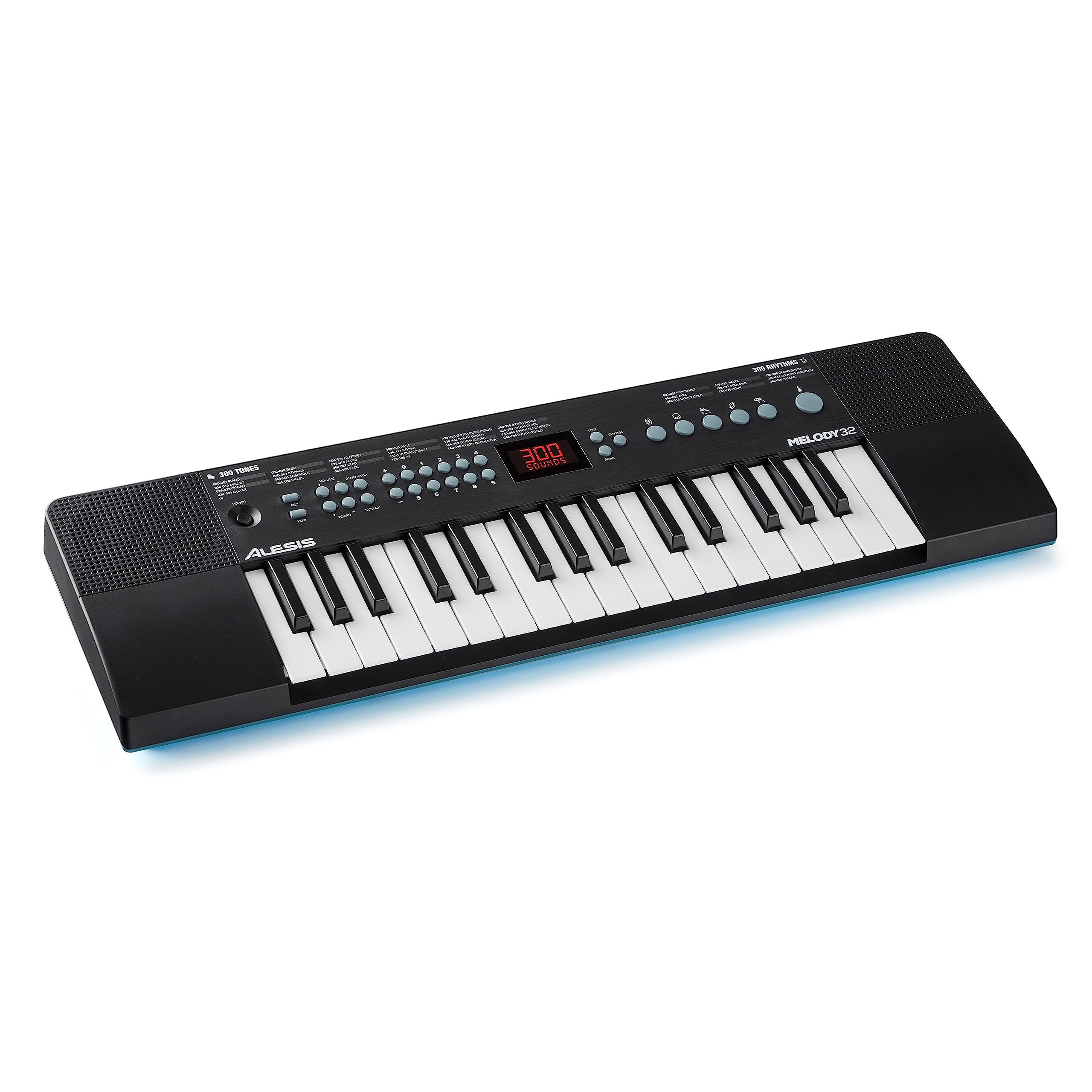 Clavier piano numérique noir à 32 touches, écran de contrôle et boutons de réglage.