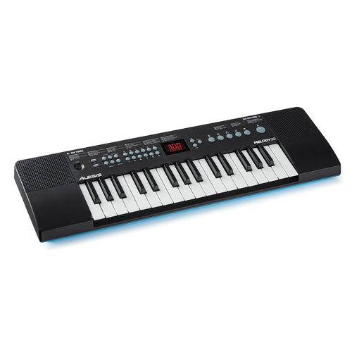 Clavier piano numérique noir à 32 touches, écran de contrôle et boutons de réglage.