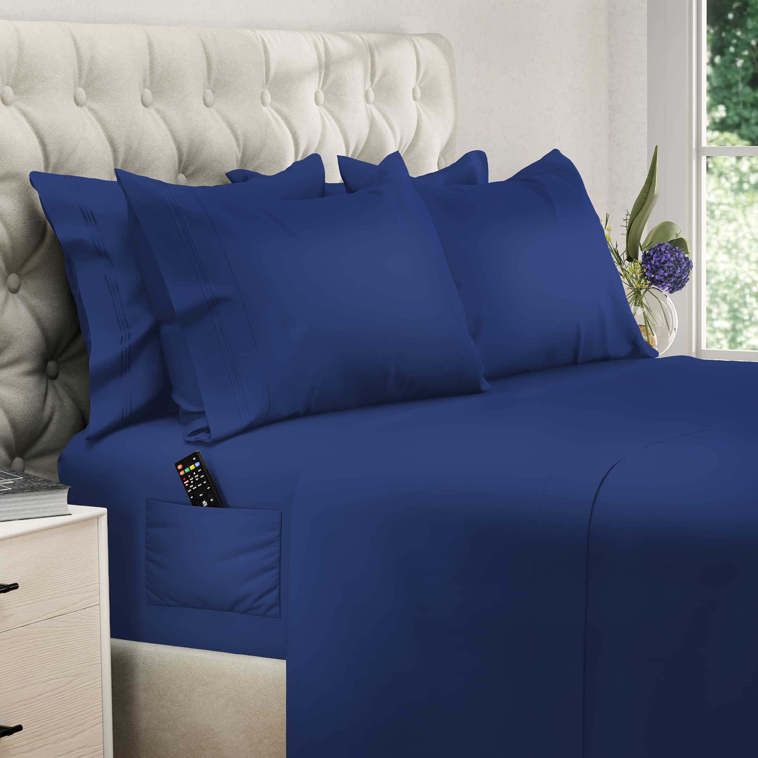 DREAMCARE Bedding Sets Queen - 6 Piece Queen Bed Sheets - Deep Pocket up to 15 in - Draps Lit Queen - Luxury Hotel Sheets & Pillowcases Set - Shrink & Fade Resistant (Queen, Navy Blue