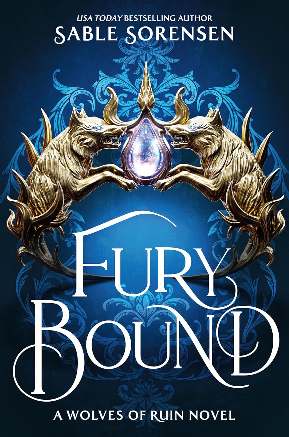 Roman Fury Bound : couverture bleue avec loups dorés et titre en lettres blanches.
