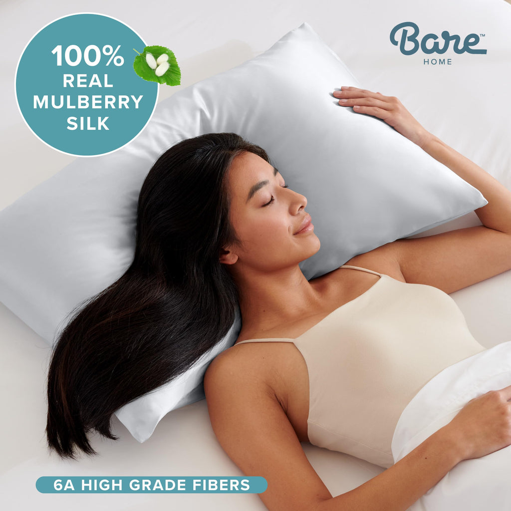 Bare Home 100% Mulberry Silk Pillowcase for Hair and Skin - Ultra Premium 6A Grade 19 Momme Silk Pillow Case - Hidden Zipper - Breathable Cooling Pillow Cover (Body, Silver)