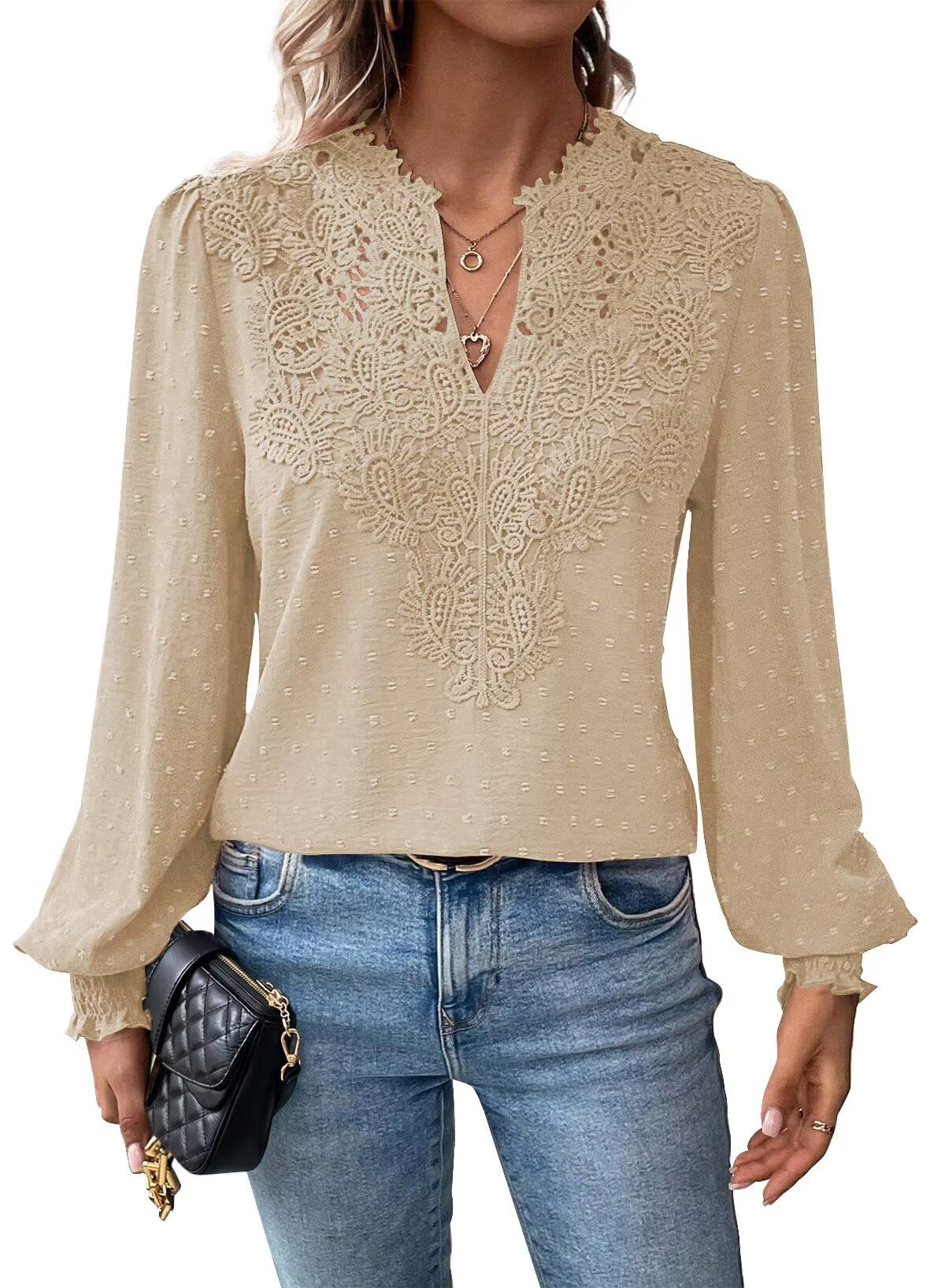 Falechay Womens Tops Swiss Dot Boho Long Sleeve Shirts V Neck Casual Chiffon Blouses Flowy Lace Hem Cute Clothing Trendy 2026