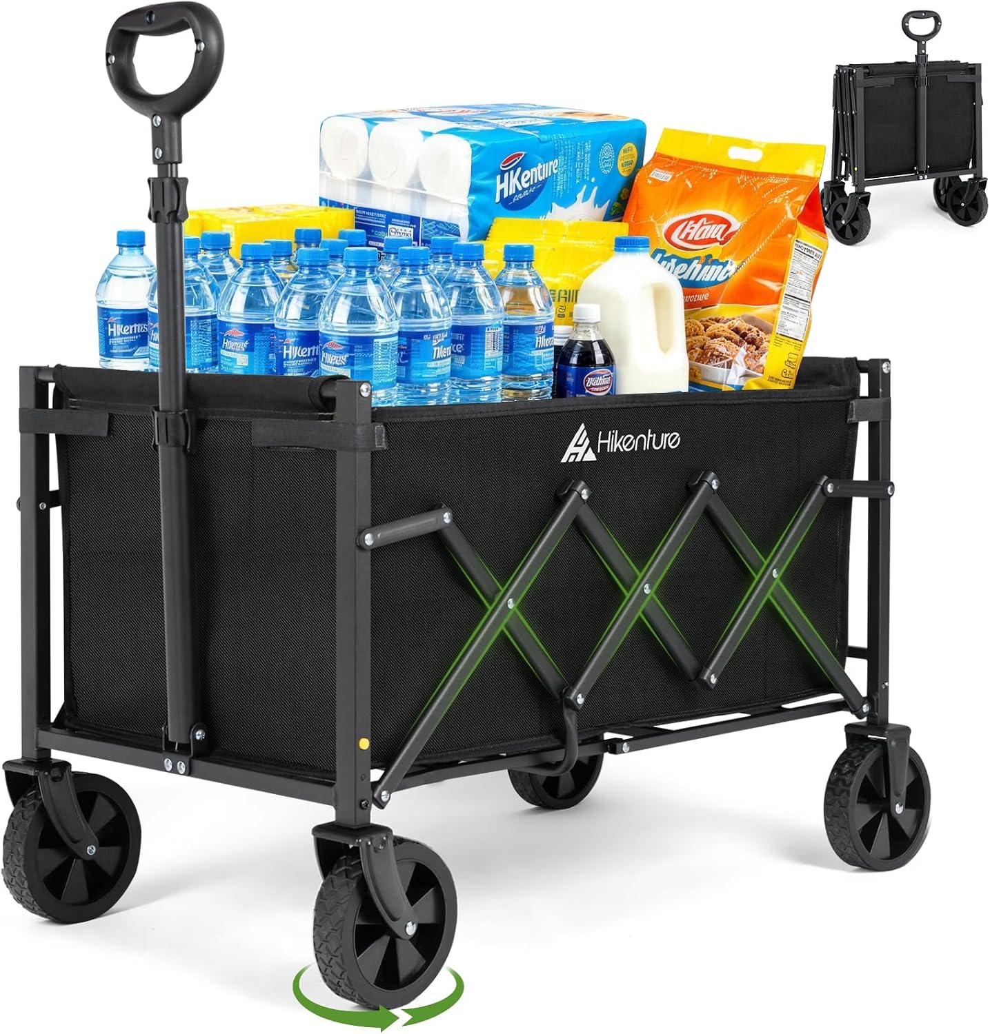 Chariot utilitaire pliable noir avec roues tout-terrain, poignée et bac à parois latérales.