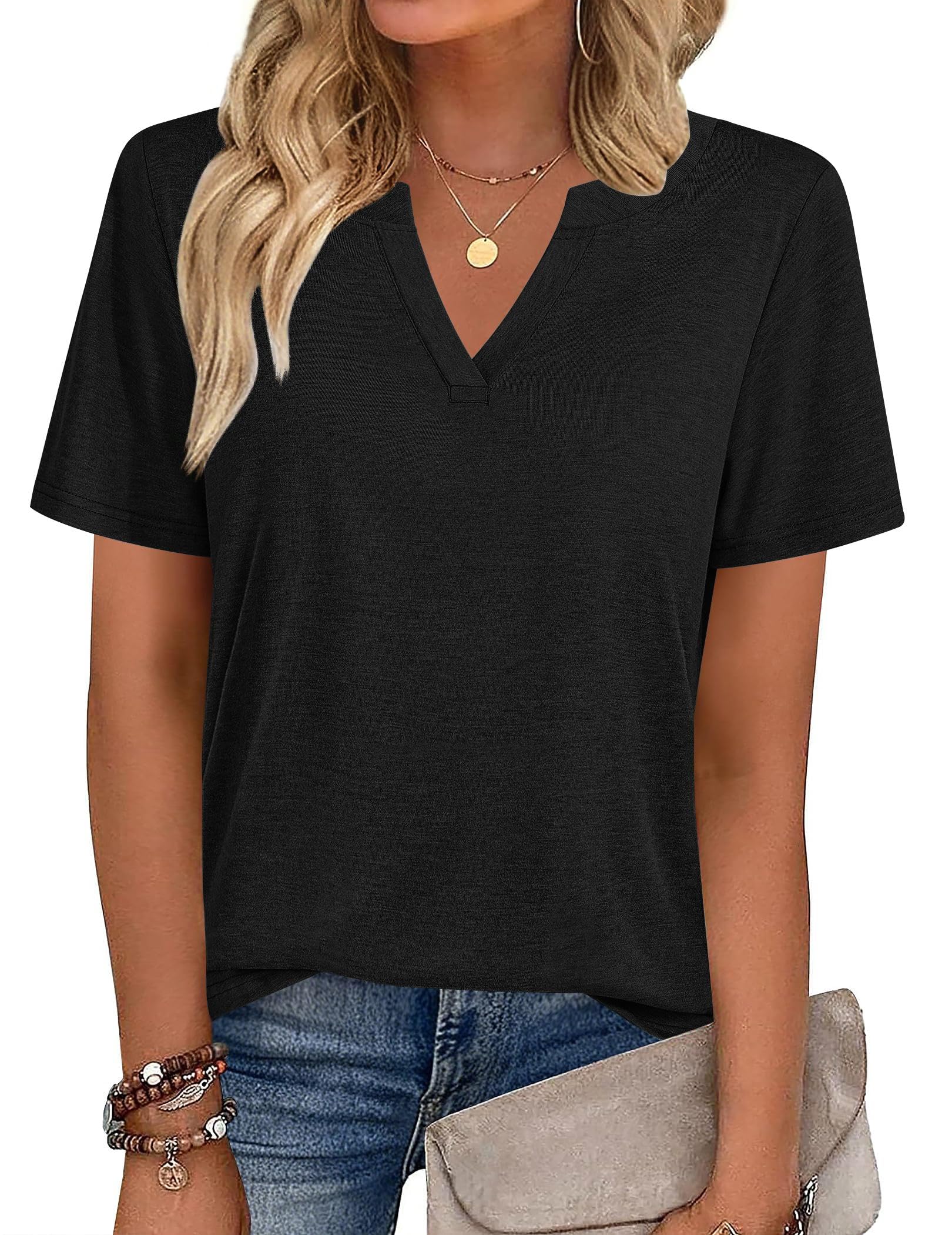 isermeo Womens Tops Short Sleeve V Neck Tee Shirts Cute Dressy Casual Summer Clothing Business Work Blouse S-XXL