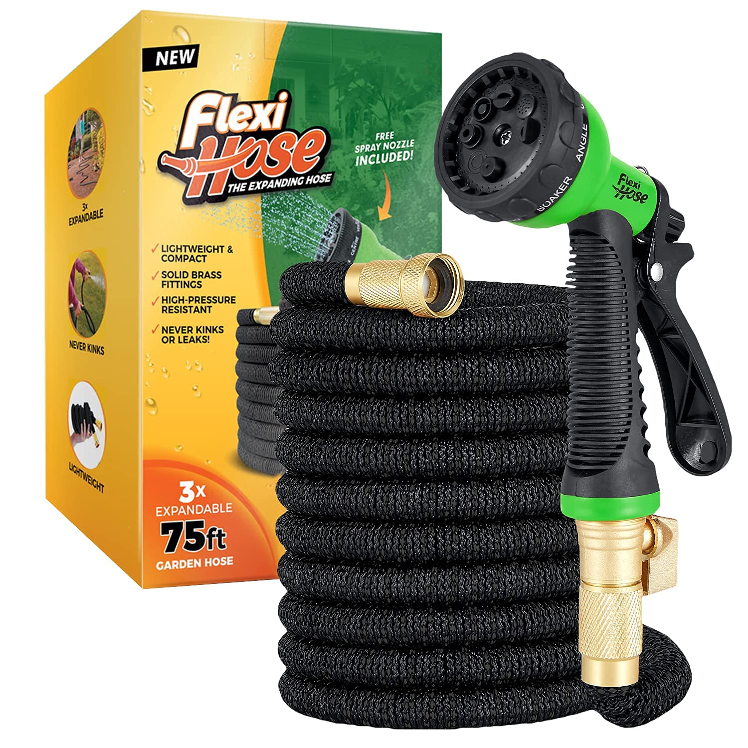 Tuyau de jardin extensible noir avec douchette verte et raccords en laiton