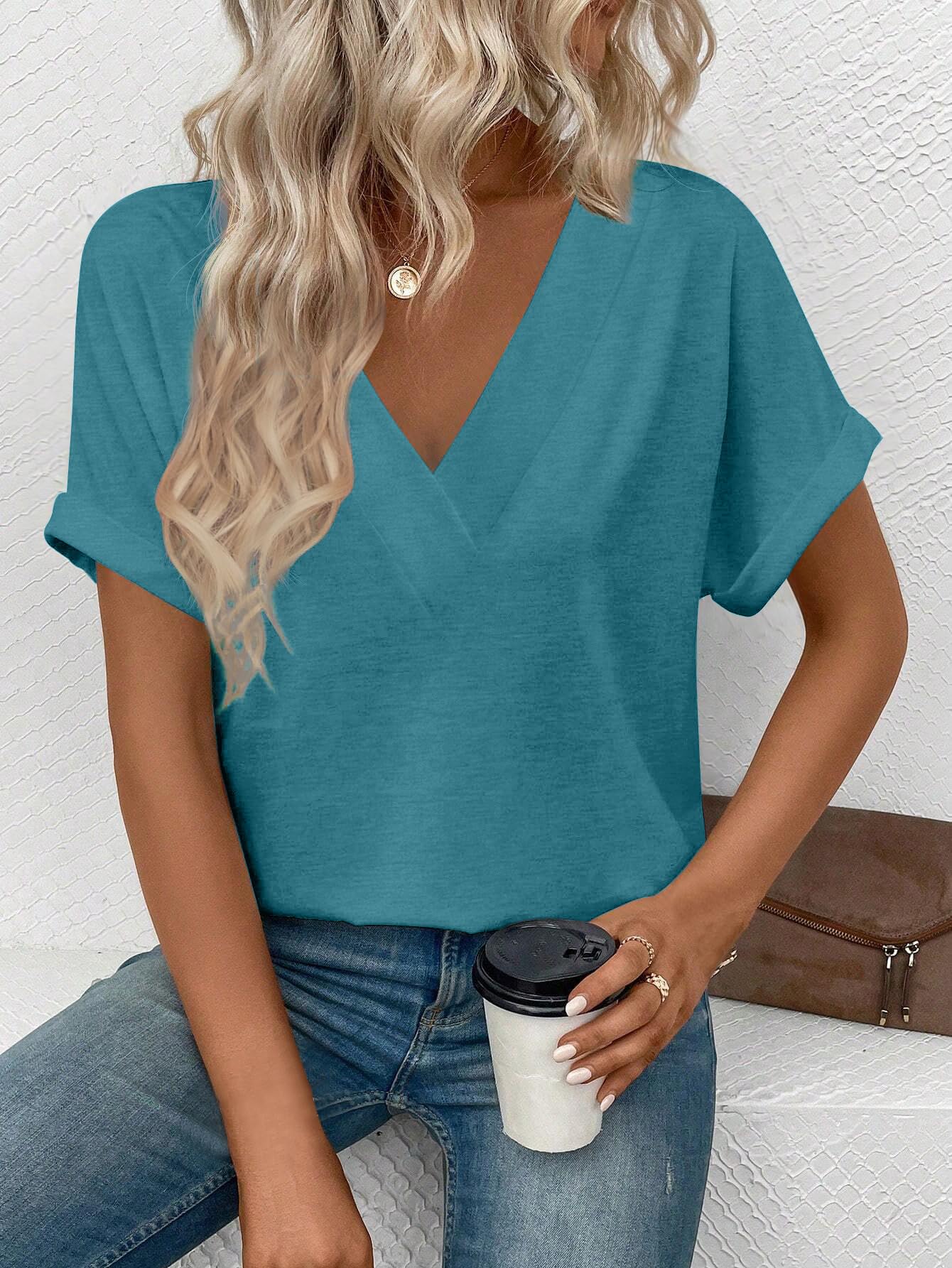 isermeo Womens T Shirts Short Sleeve V Neck Tees Fashion Tops 2026 Trendy Soft Casual Blouse Summer Outfits S-XXL