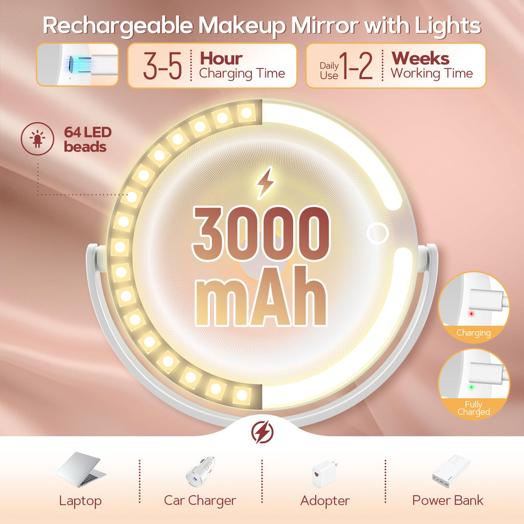 Miroir de maquillage lumineux rond sur pied blanc, anneau LED autour du miroir
