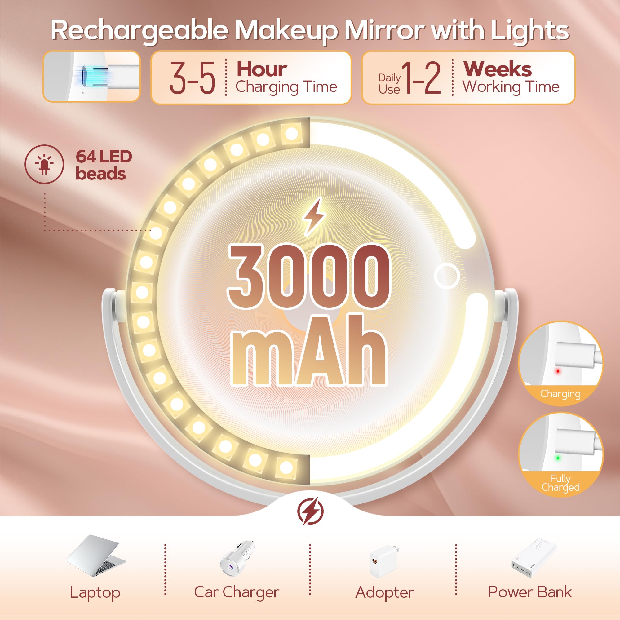 Miroir de maquillage lumineux rond sur pied blanc, anneau LED autour du miroir