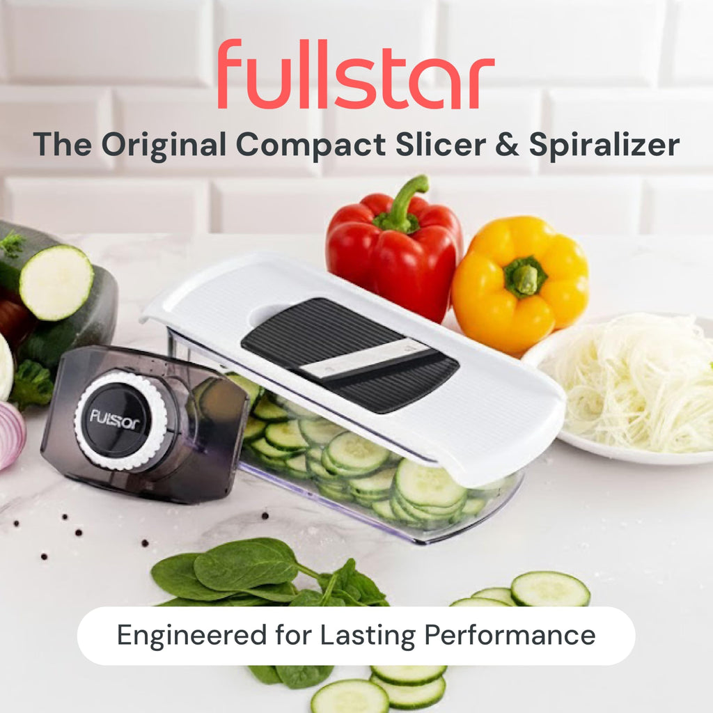 Fullstar Mandoline Slicer for Kitchen - Vegetable Slicer Spiralizer & Julienne Cutter for Veggie Cucumber Onion Potato Carrot - Cheese Grater - Kitchen Essentials Tools & Gadgets (PRO 6-in-1, White)