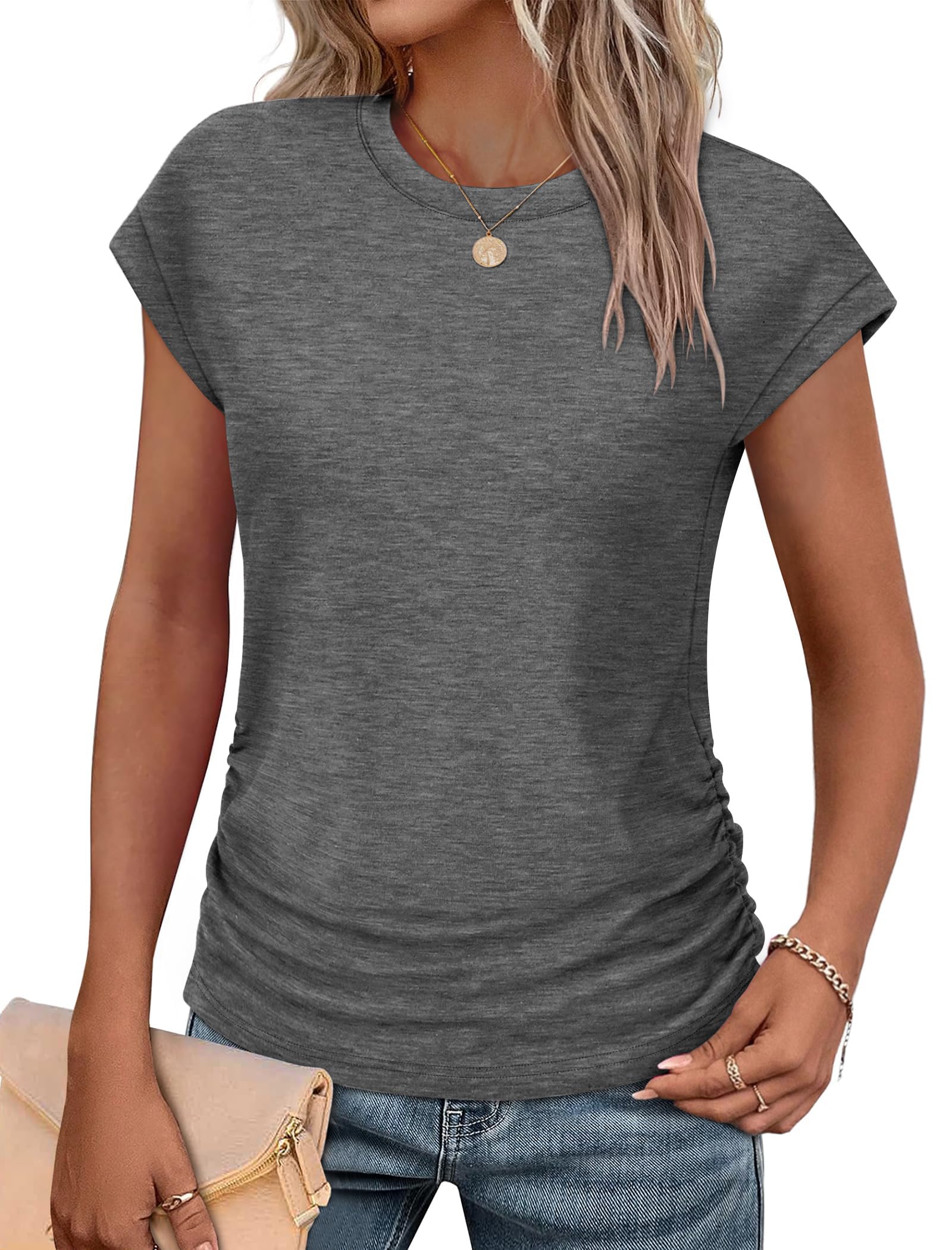 isermeo Womens Summer Tops Trendy 2026 Ruched Side Cap Short Sleeve Tshirts Crew Neck T Shirts Fashion S-XXL