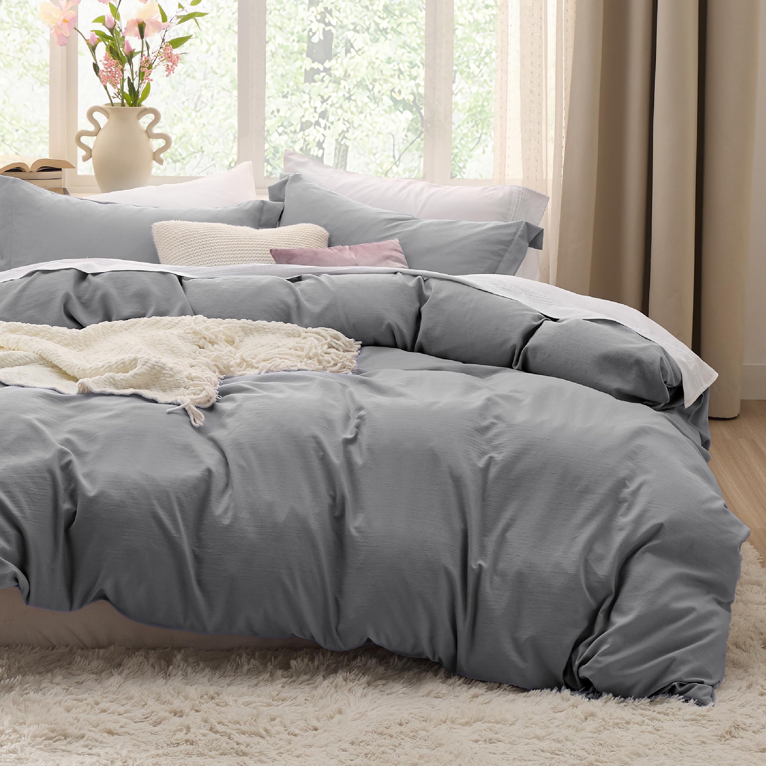 Bedsure Duvet Cover Queen Size - 3 Pieces Prewashed Cotton-Like Extra Soft Bedding Set, Includes 1 Duvet Cover 90x90 Inches with Zipper Closure & 2 Pillow Shams, Linen, Comforter Not Included