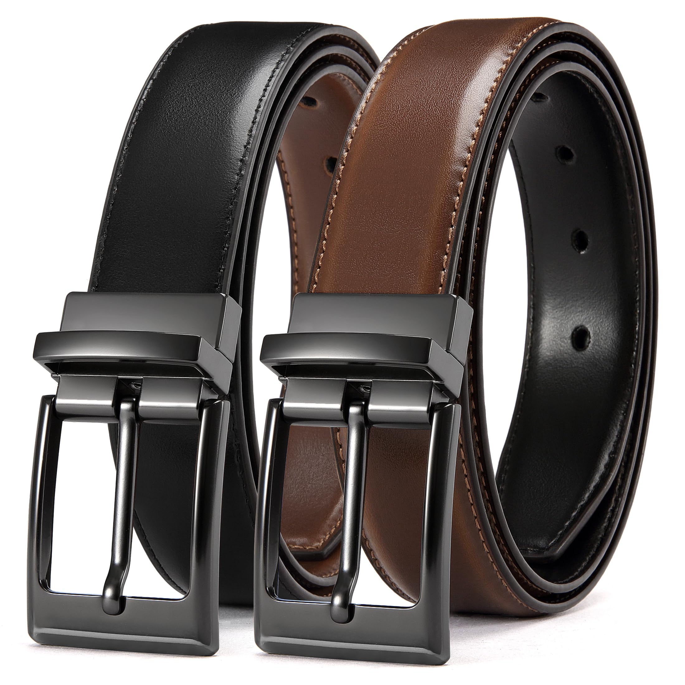 CHAOREN Reversible Mens Belt 1 Piece - 1 3/8" Mens Belts Leather for Casual Jeans Dress - One Belt, Two Colors