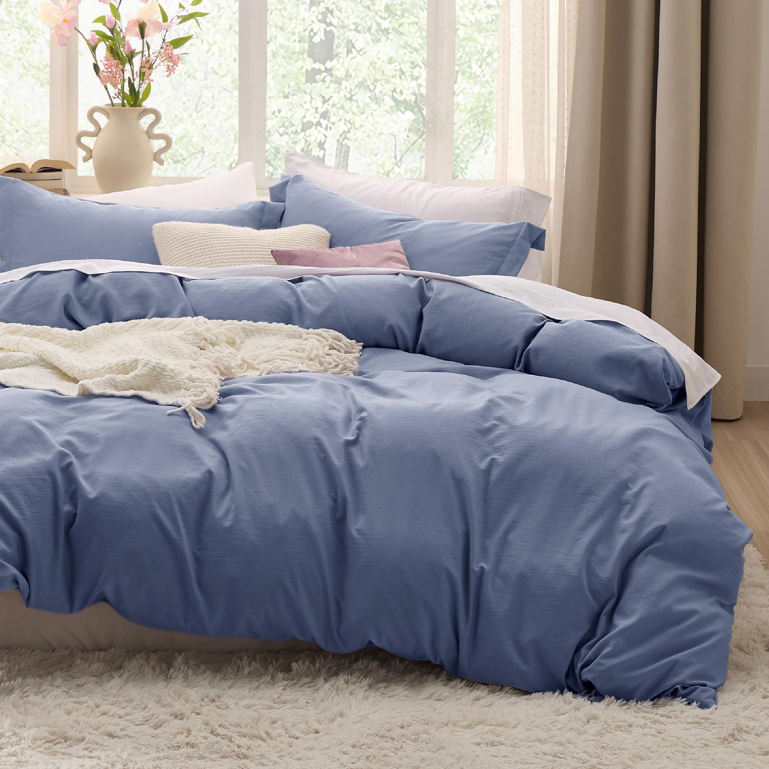 Bedsure Duvet Cover Queen Size - 3 Pieces Prewashed Cotton-Like Extra Soft Bedding Set, Includes 1 Duvet Cover 90x90 Inches with Zipper Closure & 2 Pillow Shams, Linen, Comforter Not Included
