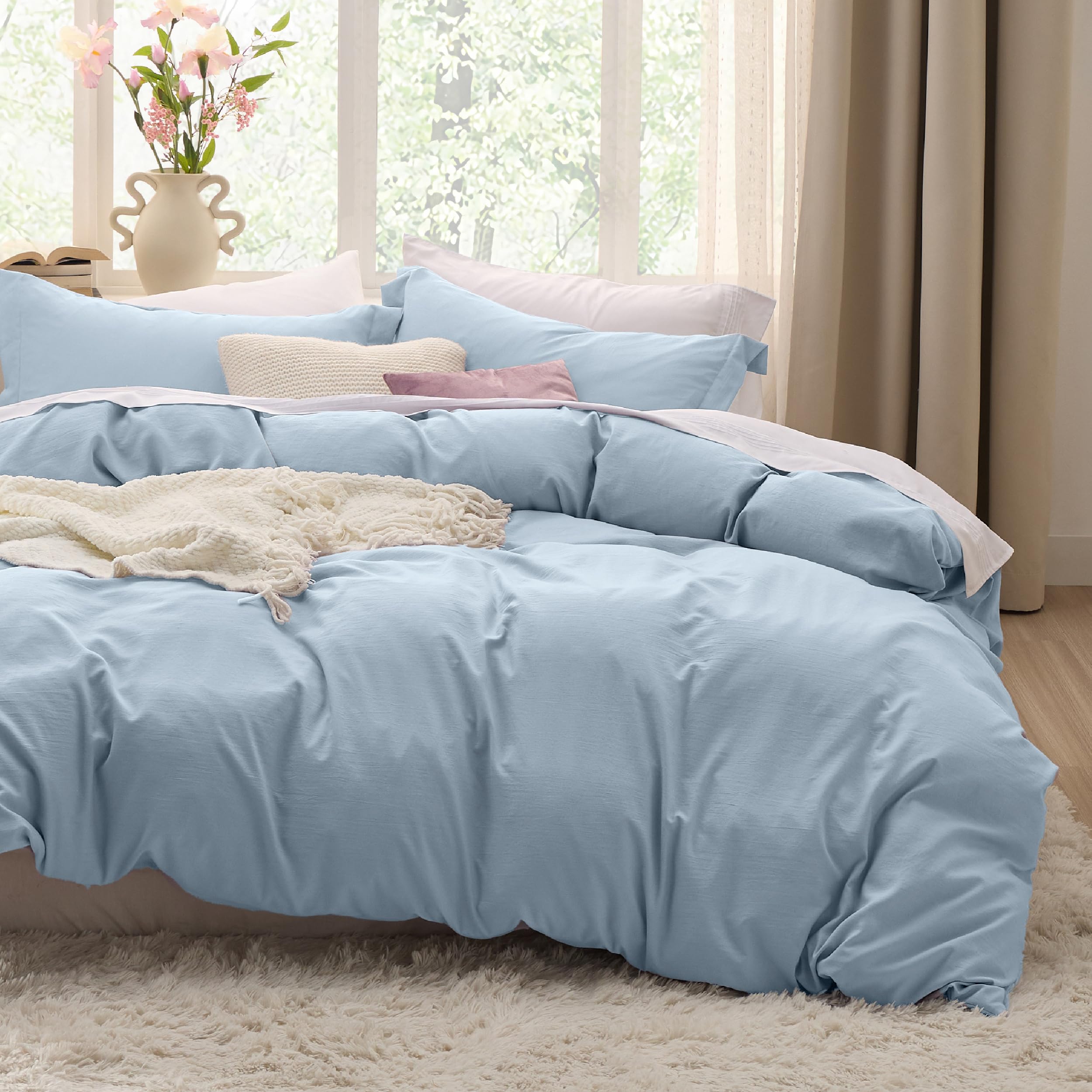 Bedsure Duvet Cover Queen Size - 3 Pieces Prewashed Cotton-Like Extra Soft Bedding Set, Includes 1 Duvet Cover 90x90 Inches with Zipper Closure & 2 Pillow Shams, Linen, Comforter Not Included