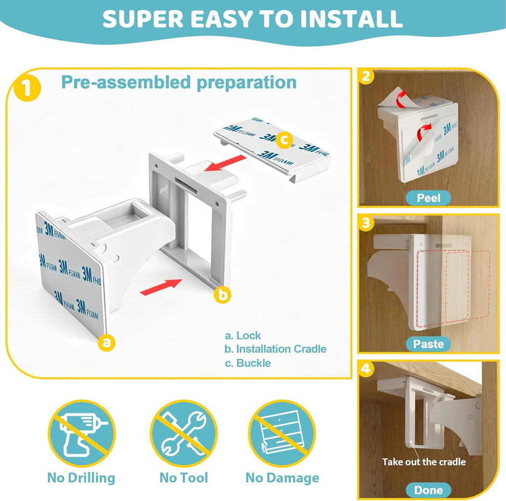 Magnetic Cabinet Locks 4 Locks + 1 Key, Baby Proofing Child Safety Locks for Cabinets and Drawers, Invisible No Drill Adhesive Design with Easy Installation Template & Screws, Starter Kit
