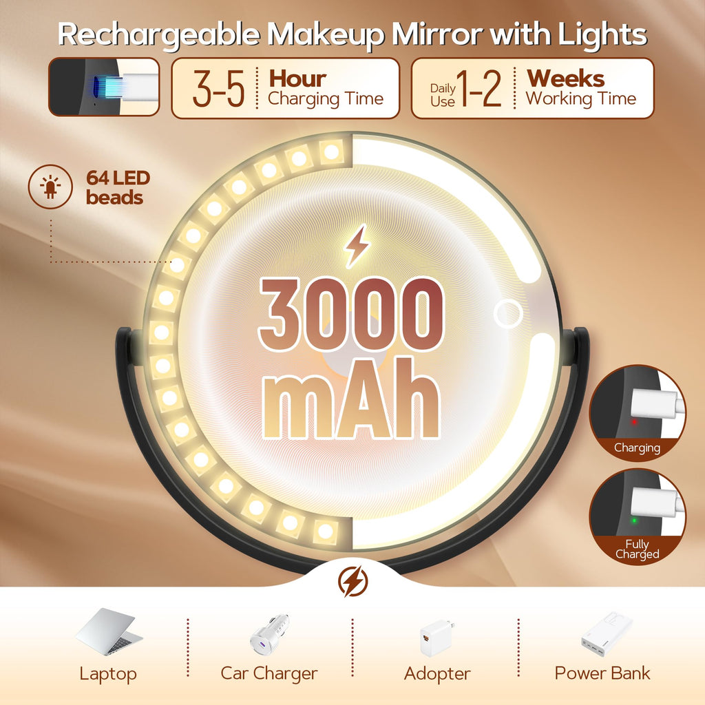 Miroir de maquillage rechargeable avec anneau lumineux LED, alimentation et charge indiquées